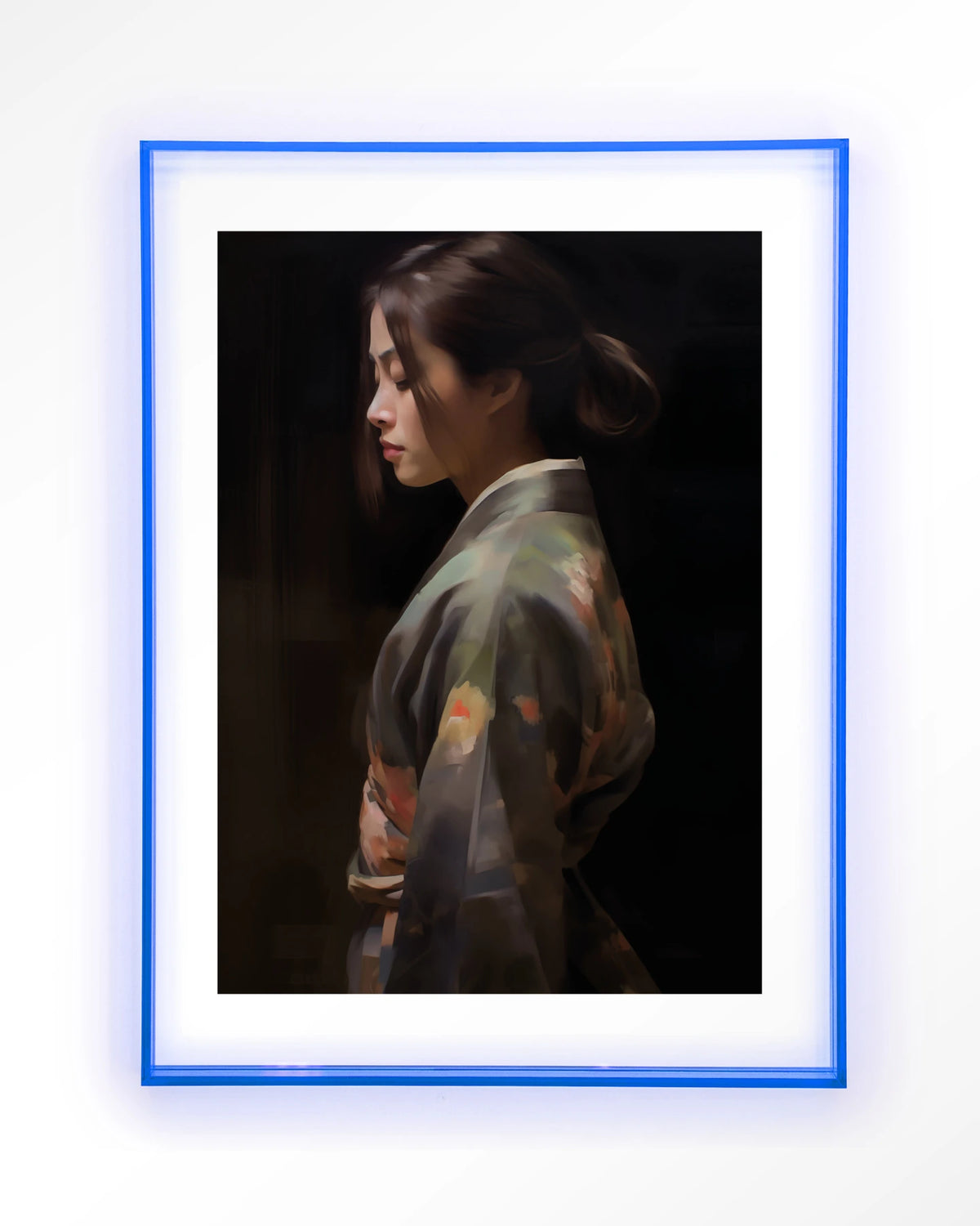 Kimono Tales – vrouw in kimono, zijaanzicht – Art print – Acryl lichtblauw