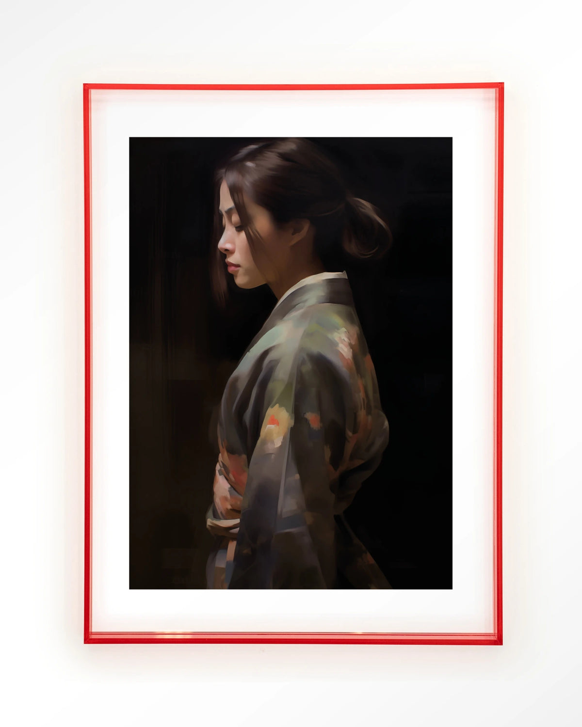 Kimono Tales – vrouw in kimono, zijaanzicht – Art print – Acryl roze