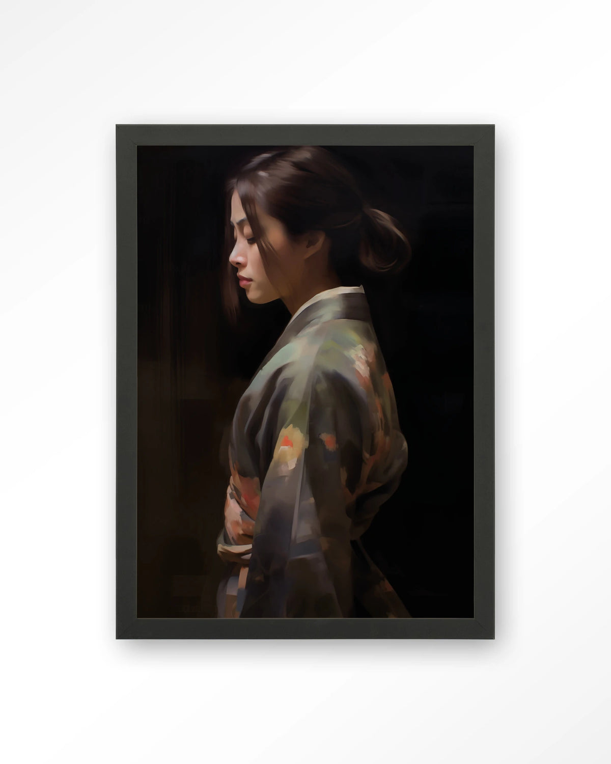 Kimono Tales – vrouw in kimono, zijaanzicht – Art print – Hout zwart