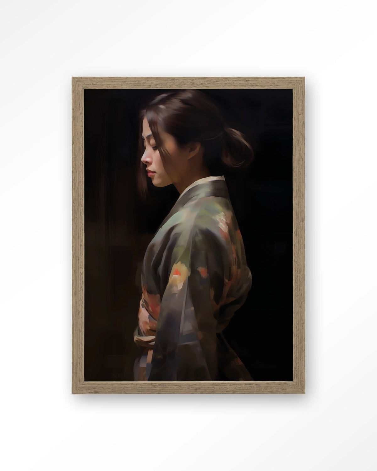 Kimono Tales – vrouw in kimono, zijaanzicht – Art print – Hout bruin