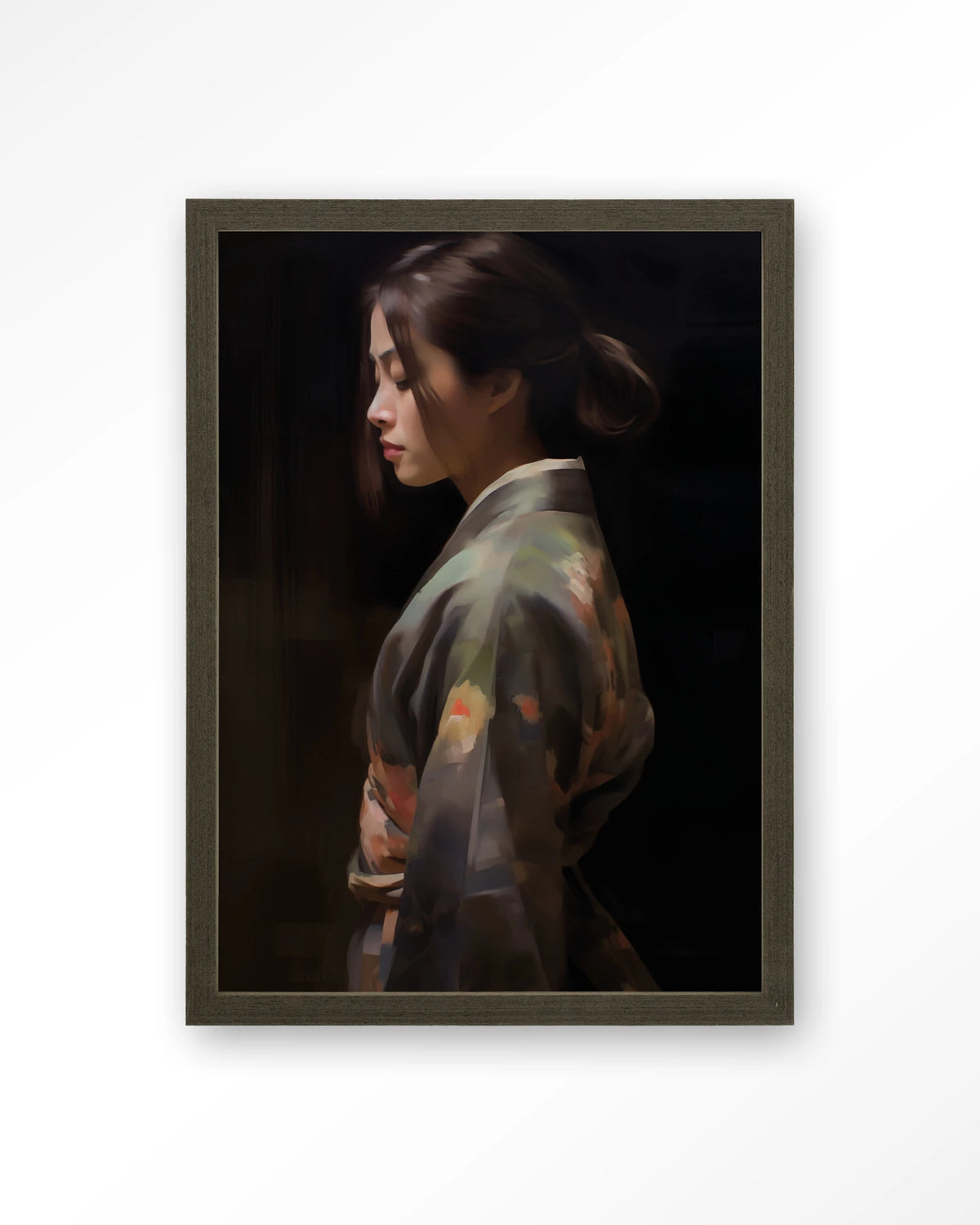 Kimono Tales – vrouw in kimono, zijaanzicht – Art print – Hout donkerbruin