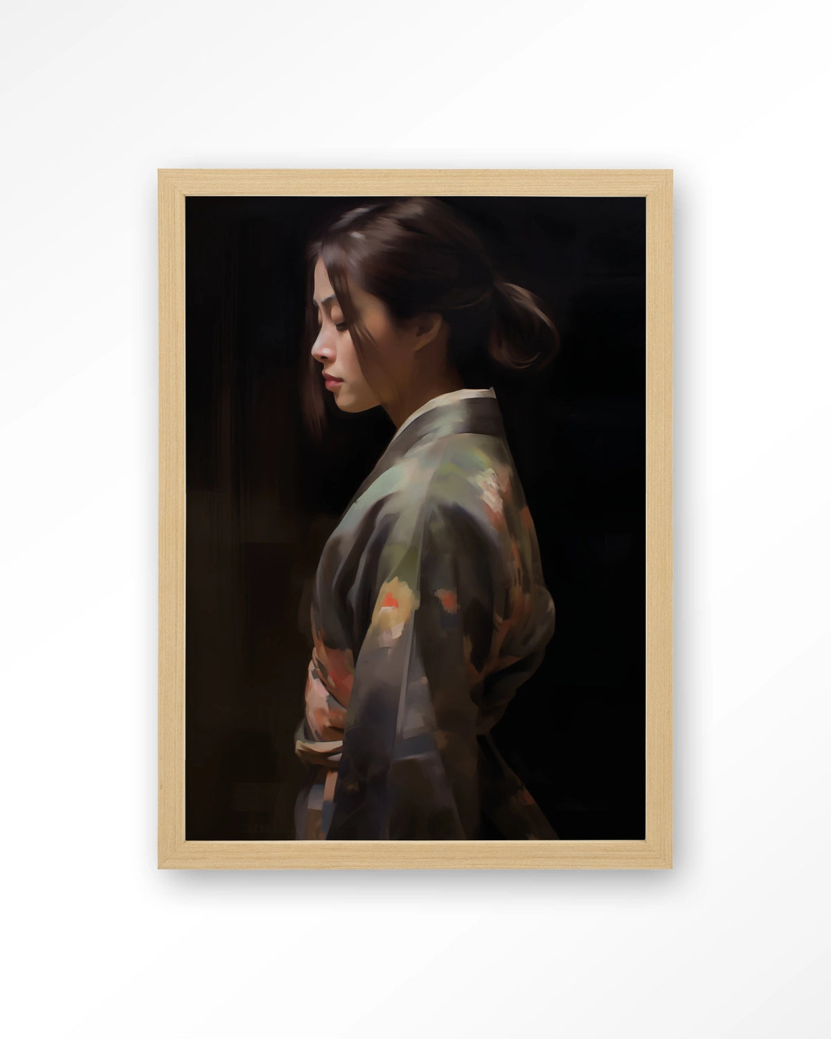Kimono Tales – vrouw in kimono, zijaanzicht – Art print – Hout naturel