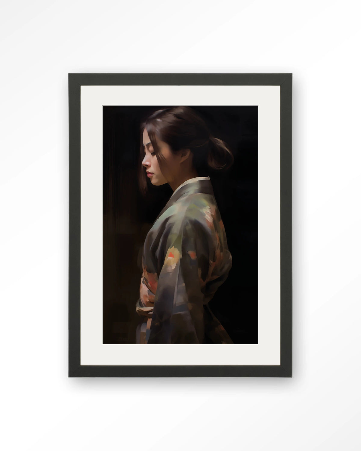 Kimono Tales – vrouw in kimono, zijaanzicht – Art print – Hout zwart + passe-partout