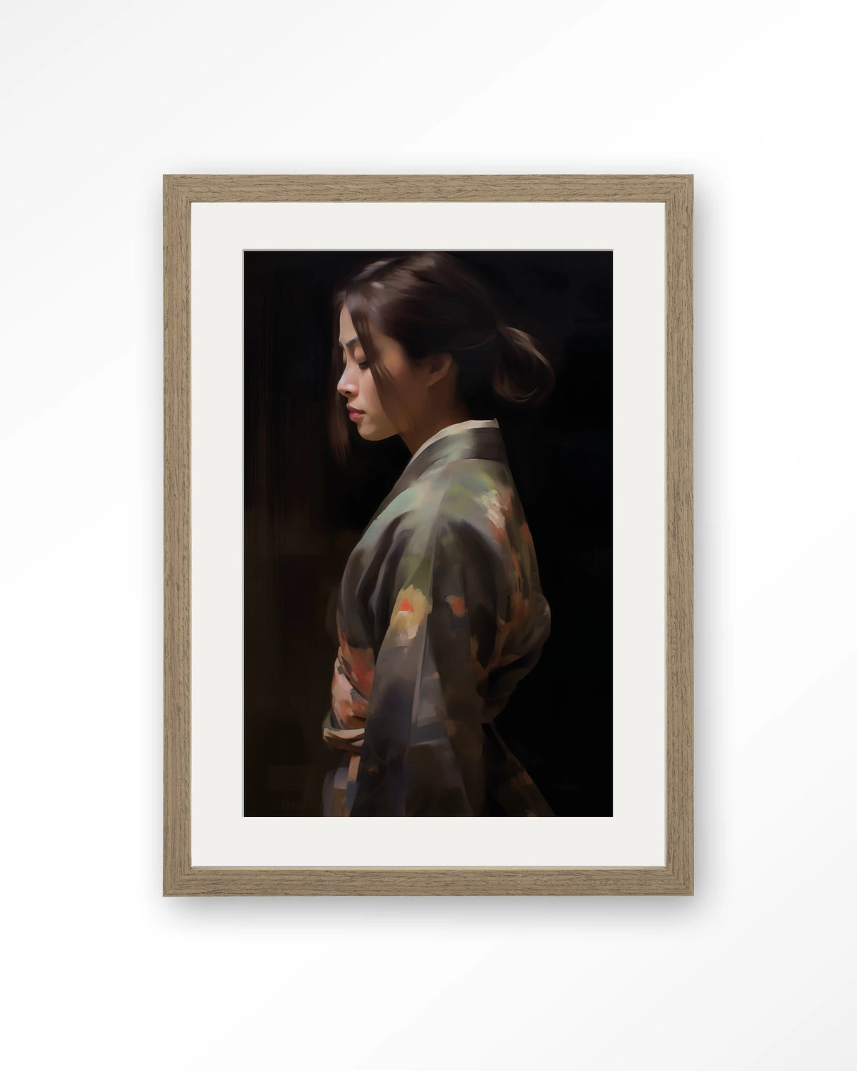 Kimono Tales – vrouw in kimono, zijaanzicht – Art print – Hout bruin + passe-partout