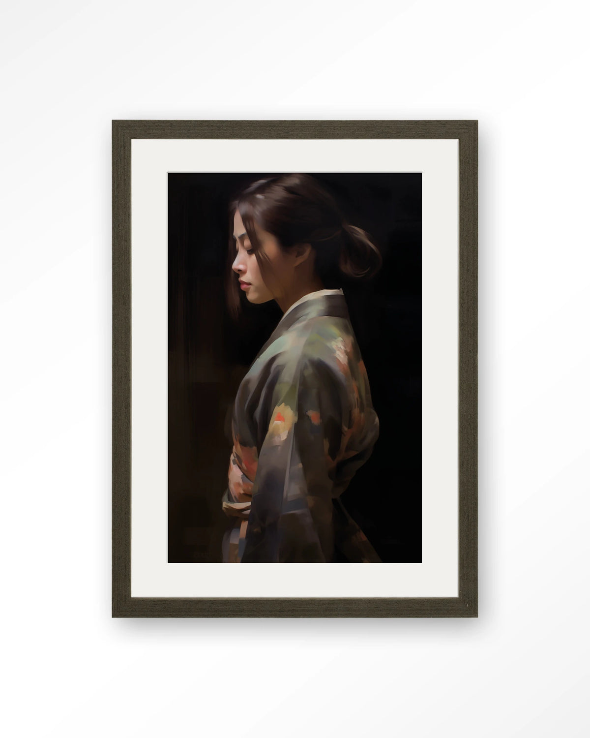 Kimono Tales – vrouw in kimono, zijaanzicht – Art print – Hout donkerbruin + passe-partout