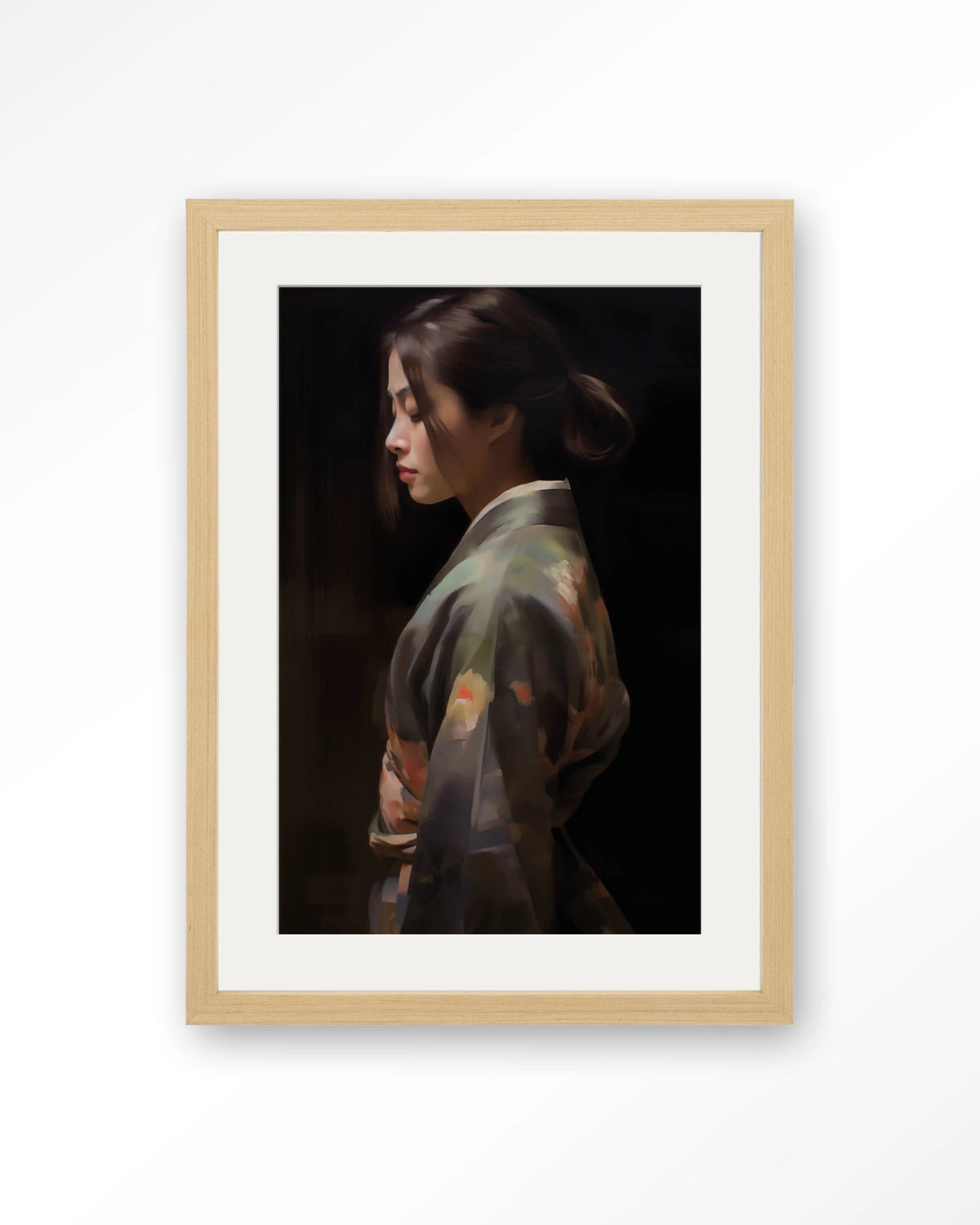 Kimono Tales – vrouw in kimono, zijaanzicht – Art print – Hout naturel + passe-partout