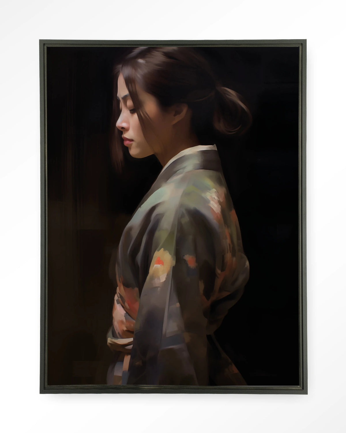 Kimono Tales – vrouw in kimono, zijaanzicht – Wandkleed – Floating frame – zwart