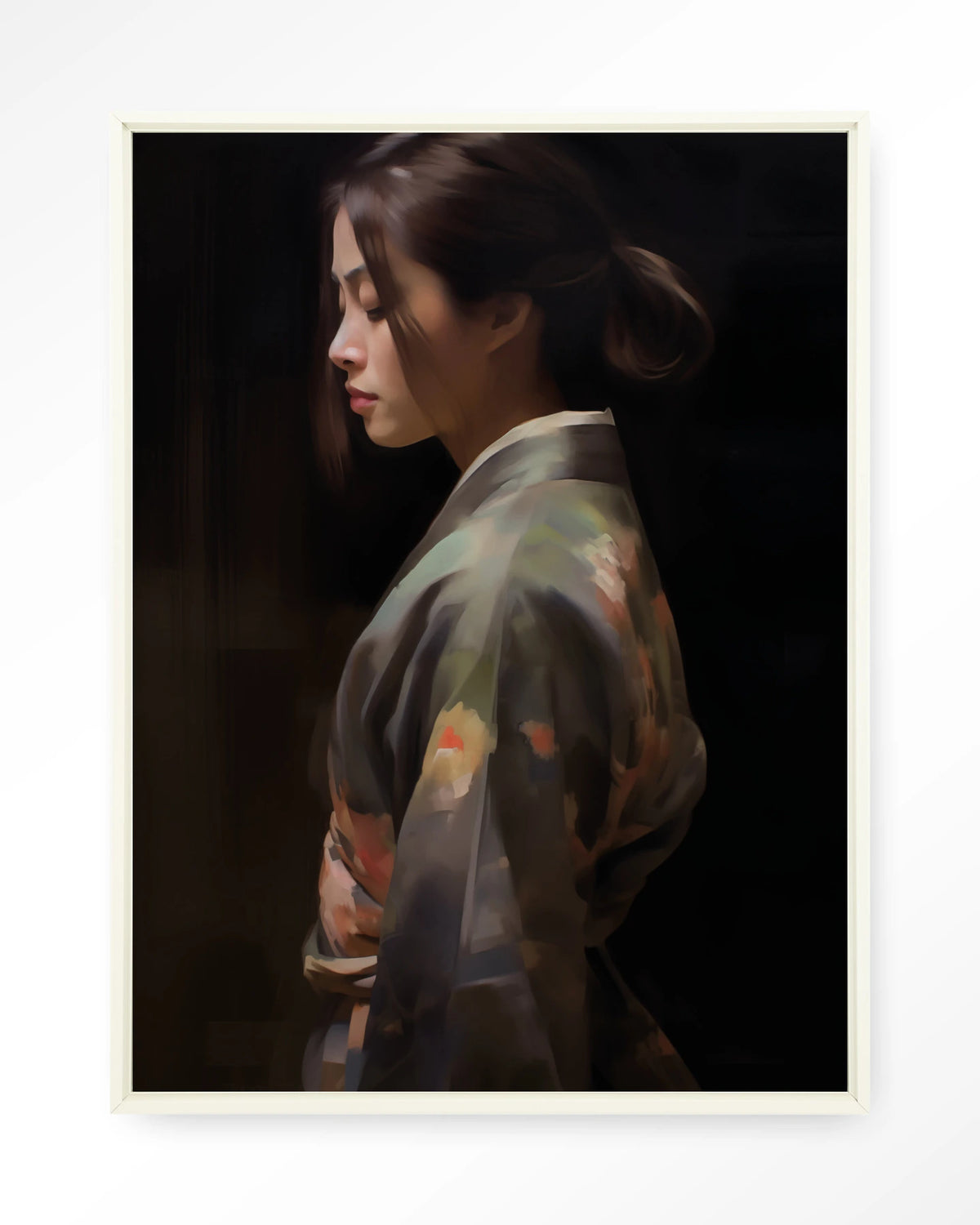 Kimono Tales – vrouw in kimono, zijaanzicht – Wandkleed – Floating frame – wit