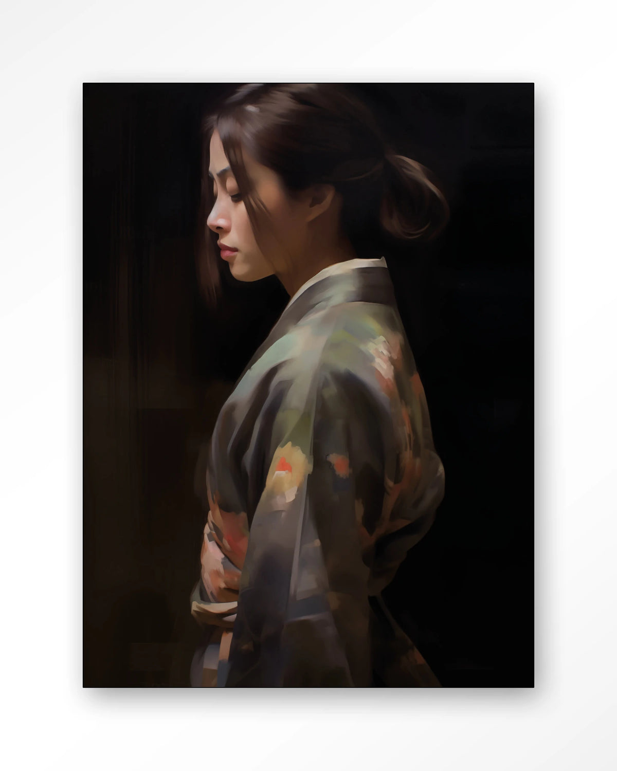 Kimono Tales – vrouw in kimono, zijaanzicht – Wandkleed – Frame – zwart
