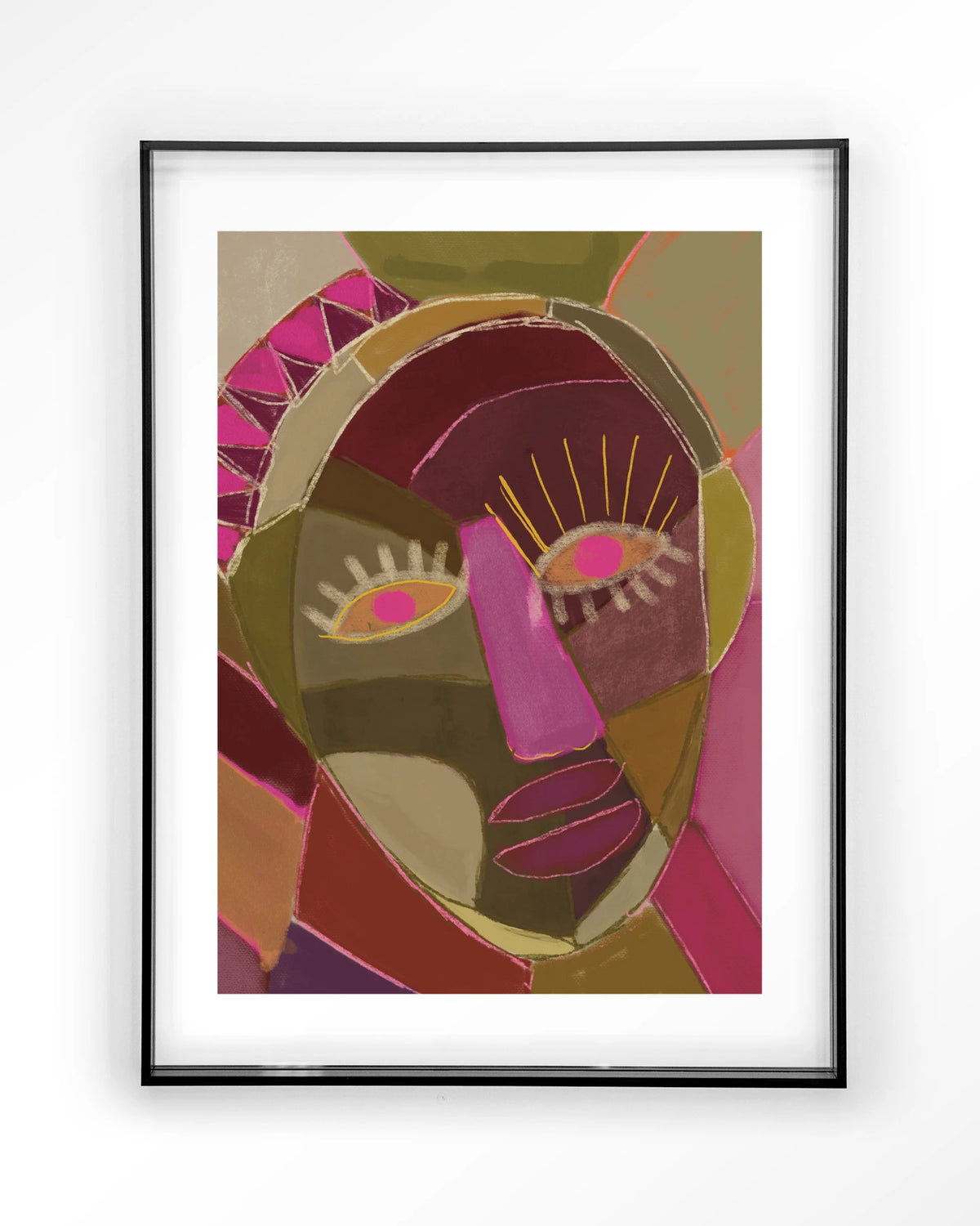 Mas Que Nada – abstract gezicht in roze en groen – Art print – Acryl zwart