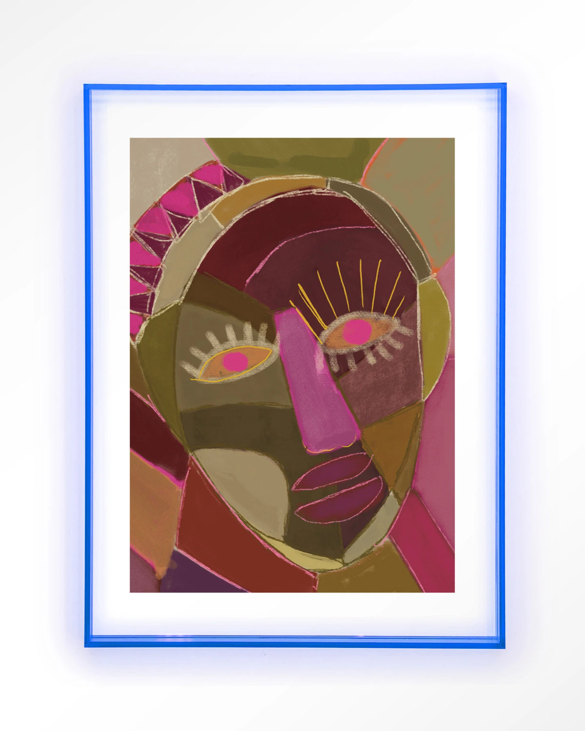 Mas Que Nada – abstract gezicht in roze en groen – Art print – Acryl lichtblauw