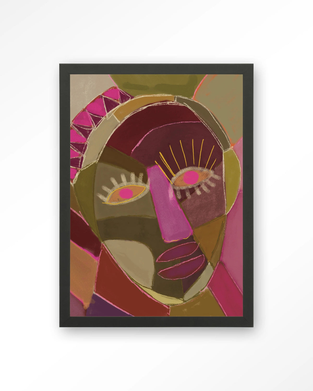 Mas Que Nada – abstract gezicht in roze en groen – Art print – Hout zwart