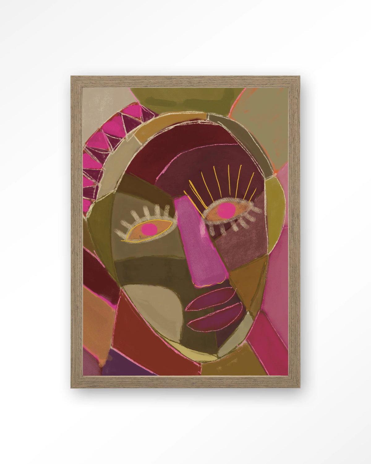 Mas Que Nada – abstract gezicht in roze en groen – Art print – Hout bruin