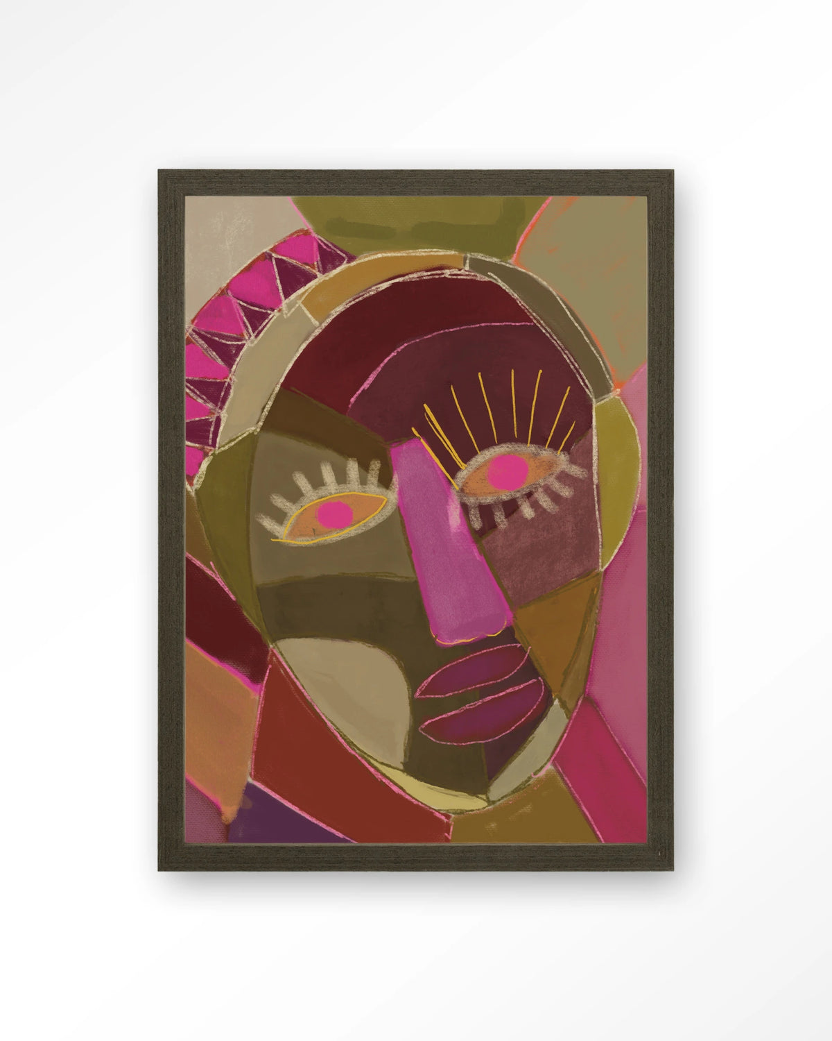 Mas Que Nada – abstract gezicht in roze en groen – Art print – Hout donkerbruin