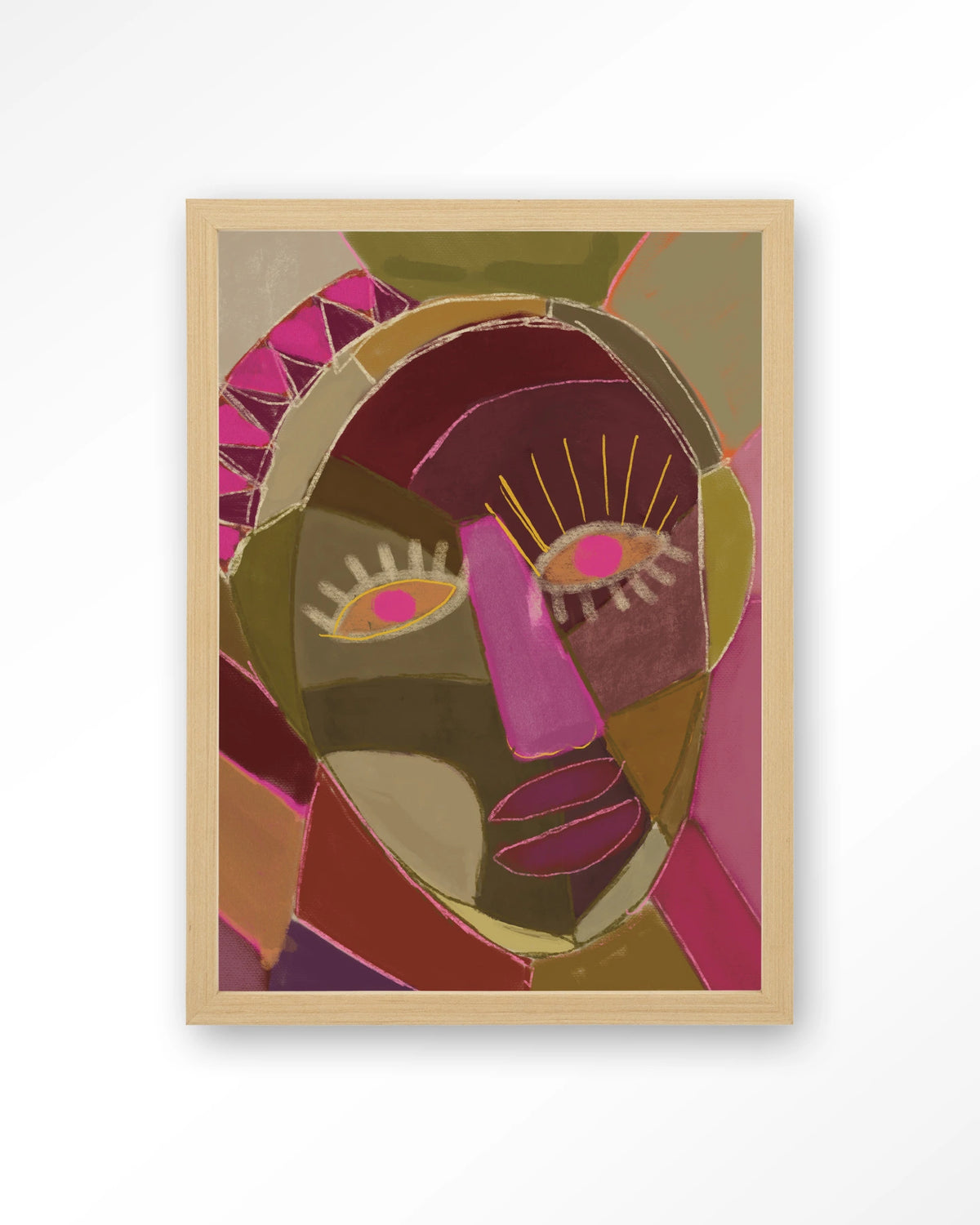 Mas Que Nada – abstract gezicht in roze en groen – Art print – Hout naturel