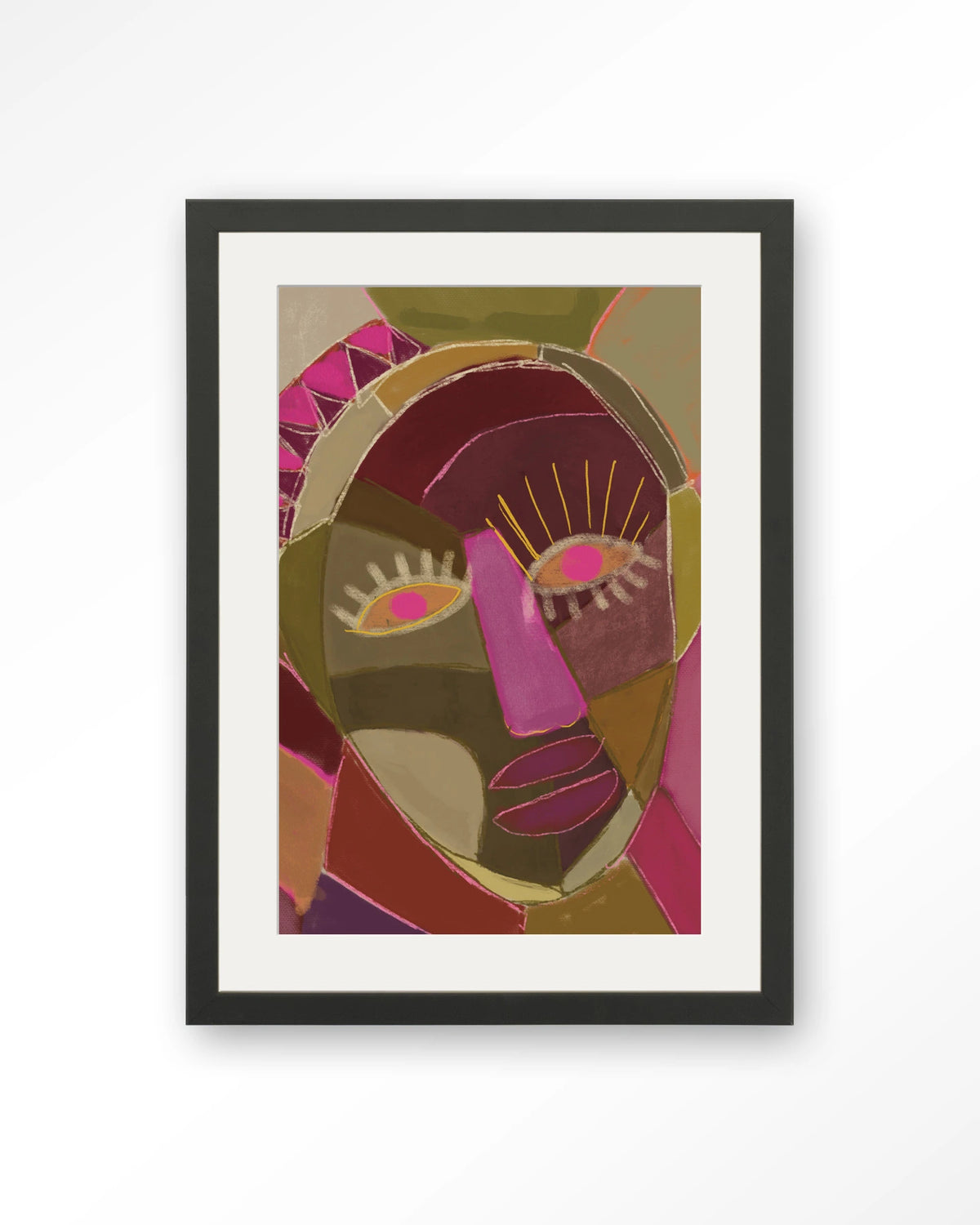 Mas Que Nada – abstract gezicht in roze en groen – Art print – Hout zwart + passe-partout