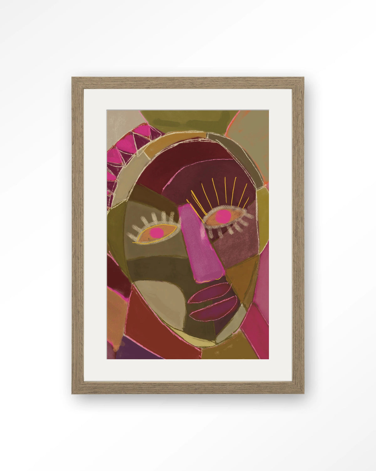 Mas Que Nada – abstract gezicht in roze en groen – Art print – Hout bruin + passe-partout