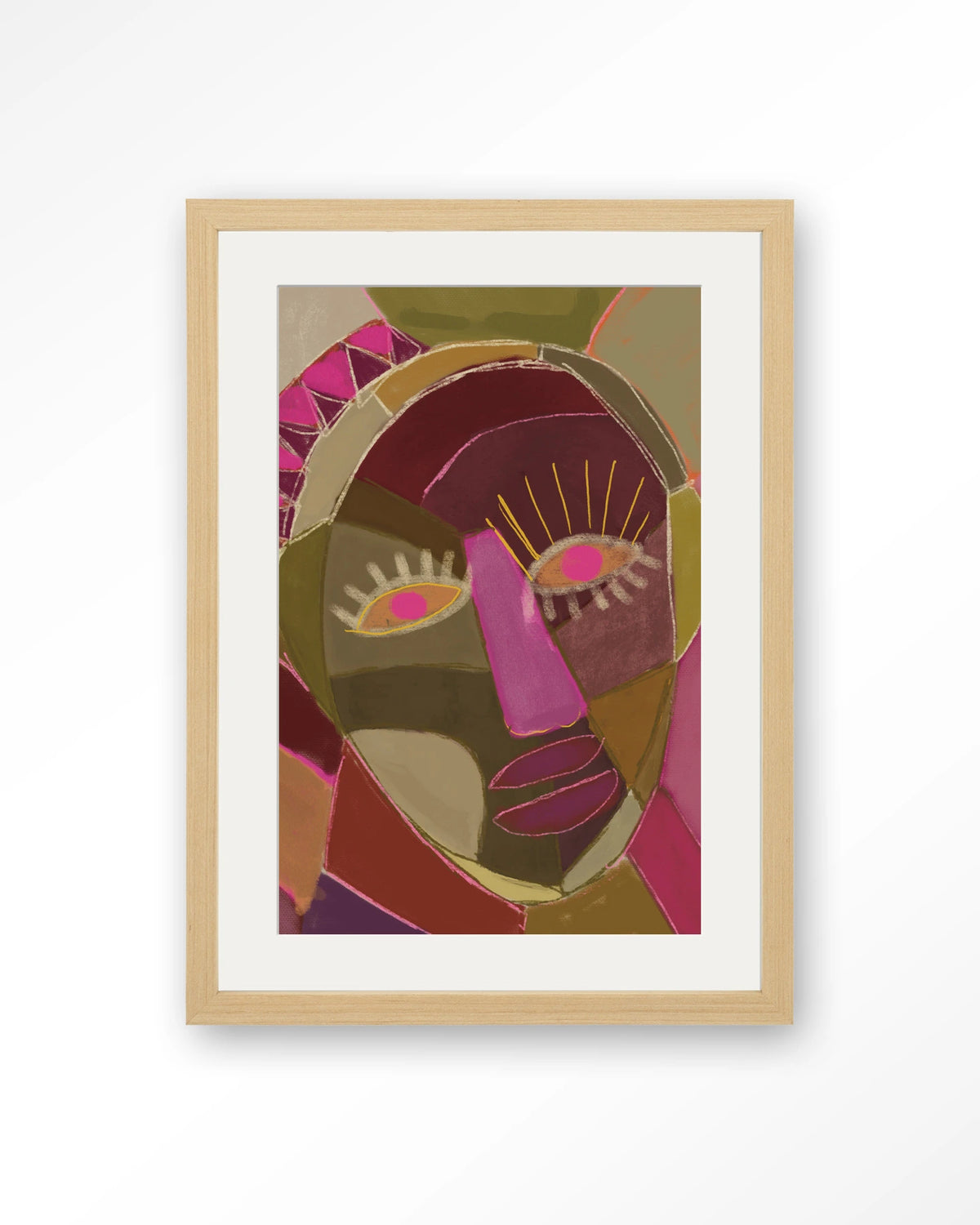 Mas Que Nada – abstract gezicht in roze en groen – Art print – Hout naturel + passe-partout