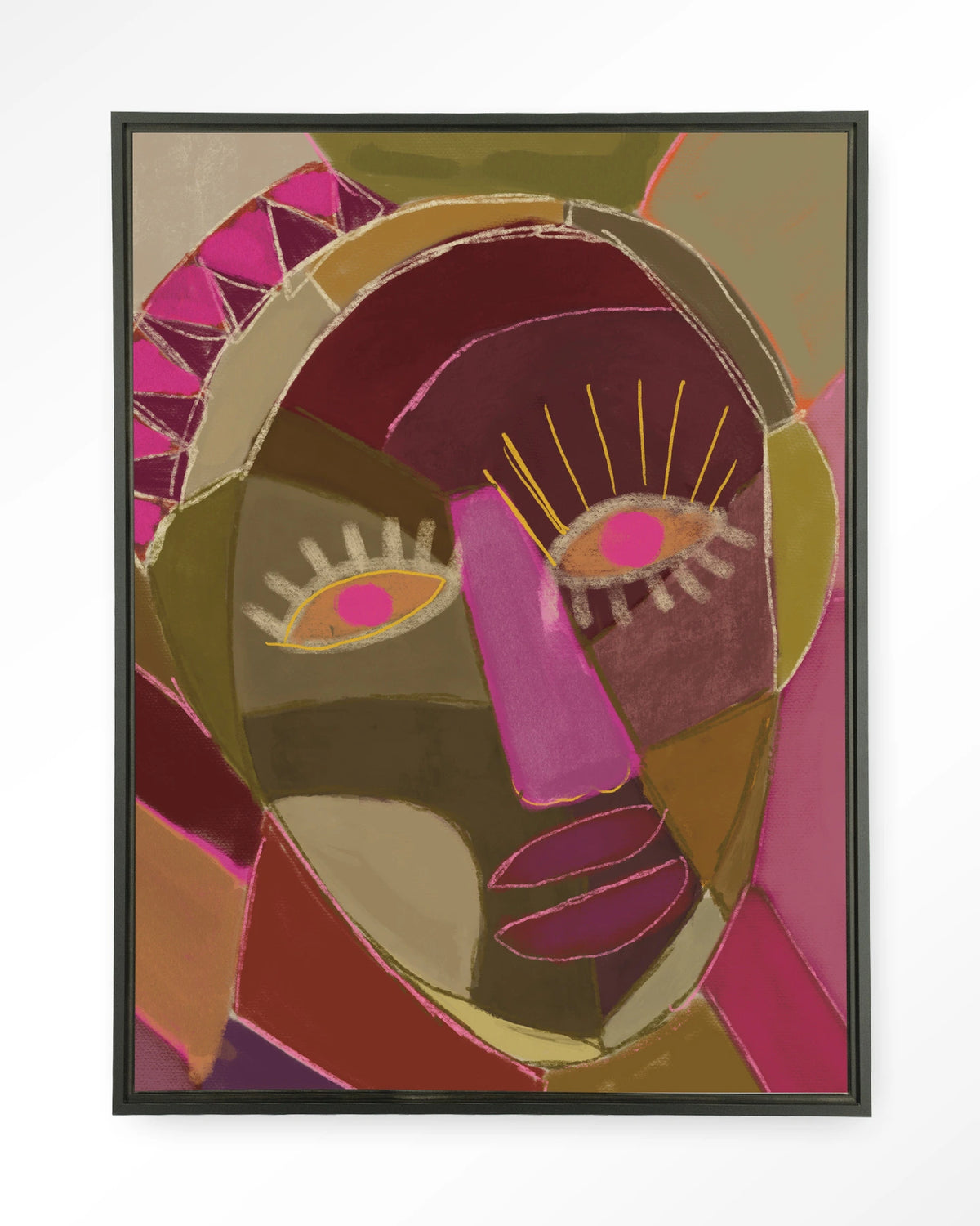 Mas Que Nada – abstract gezicht in roze en groen – Wandkleed – Floating frame – zwart