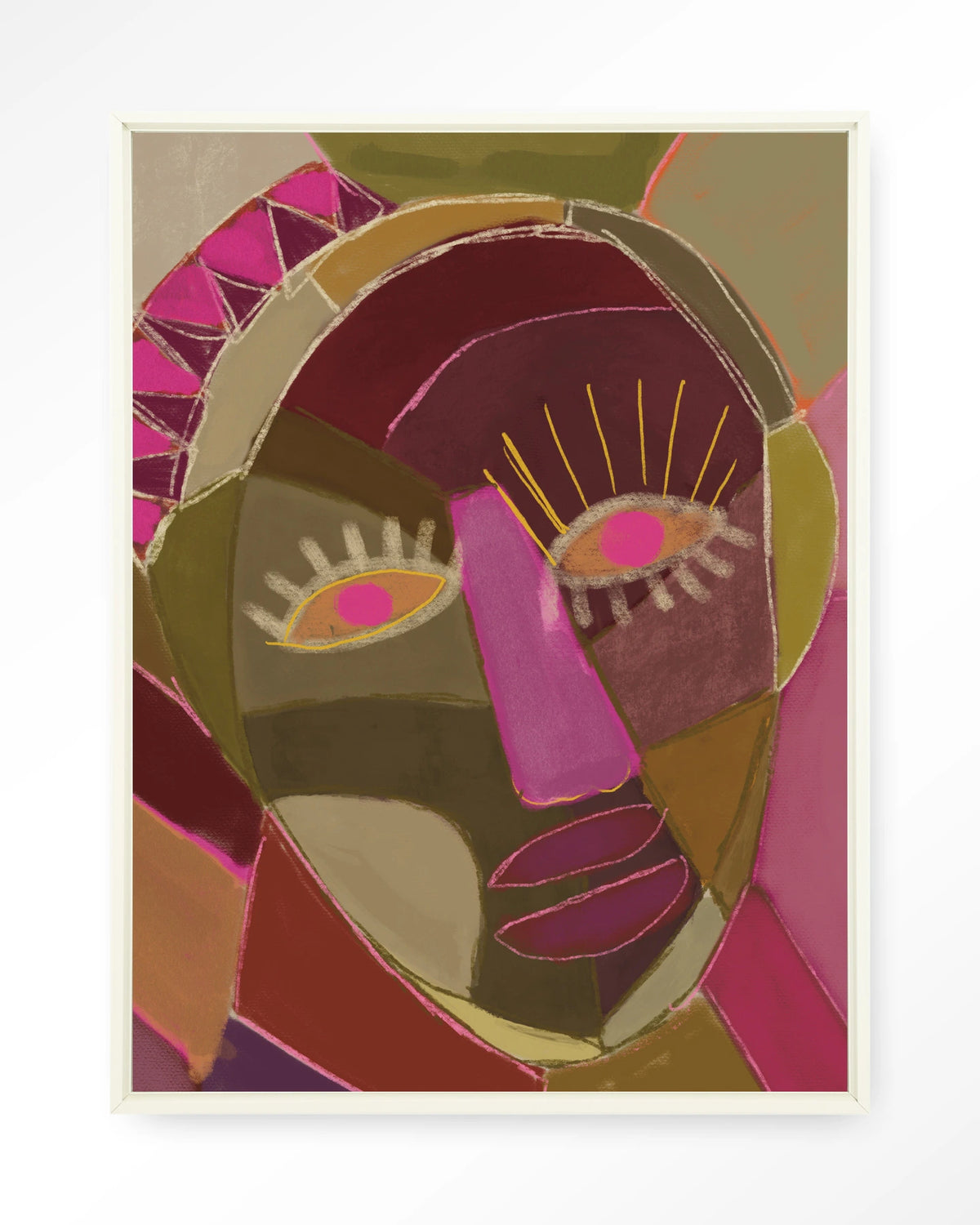 Mas Que Nada – abstract gezicht in roze en groen – Wandkleed – Floating frame – wit