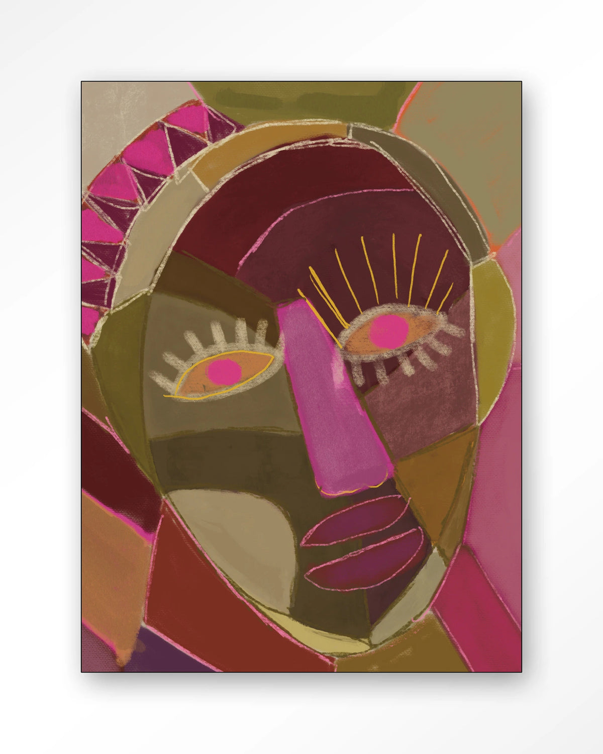 Mas Que Nada – abstract gezicht in roze en groen – Wandkleed – Frame – zwart
