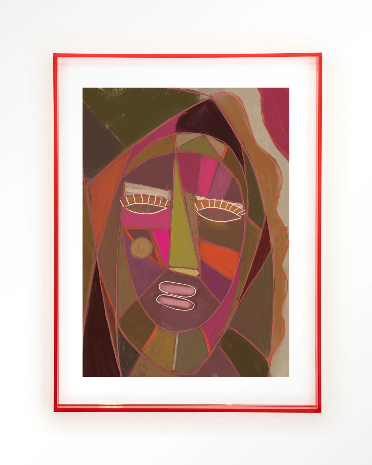 Quamatcha – abstract gezicht in kubistische stijl – Art print – Acryl roze