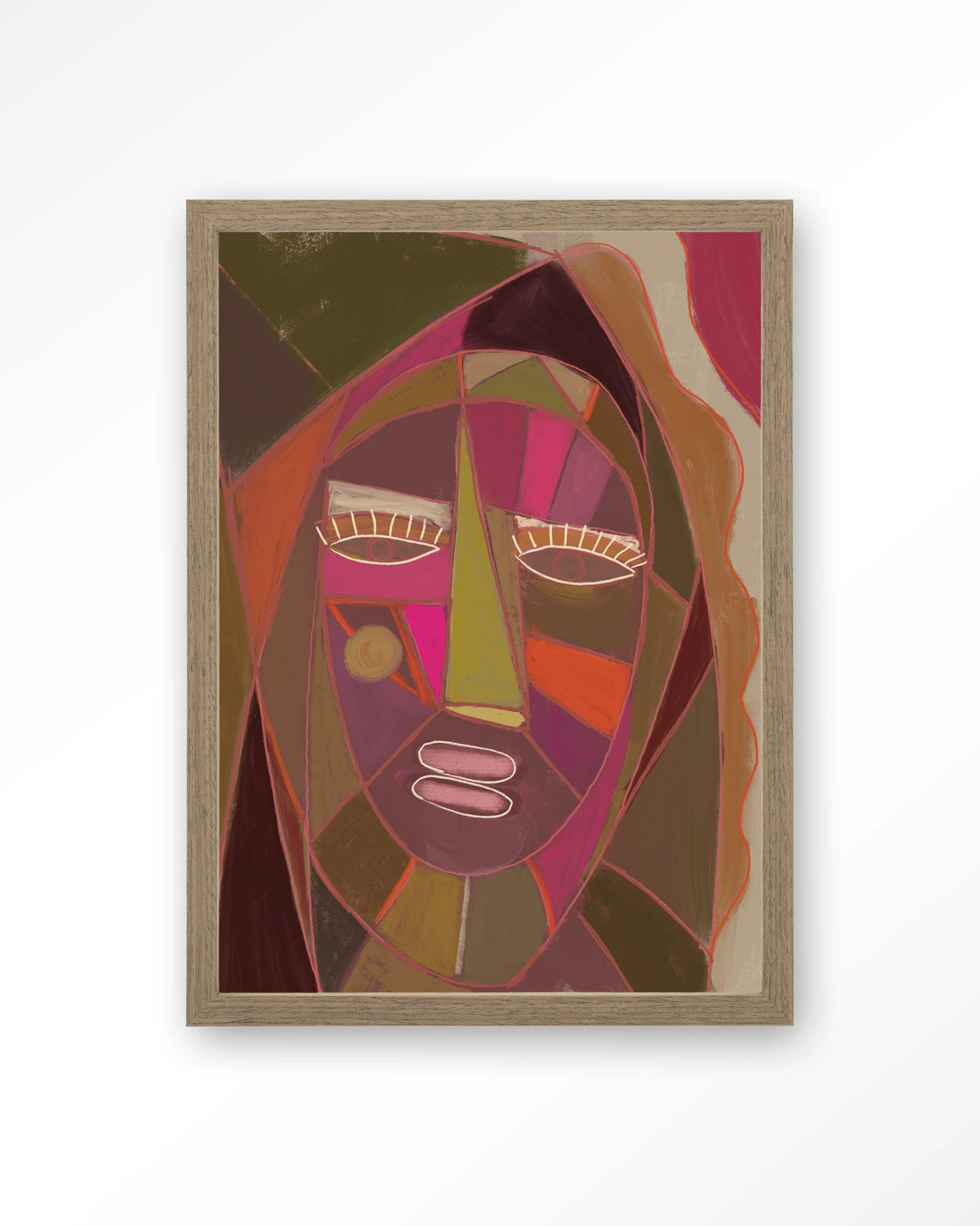 Quamatcha – abstract gezicht in kubistische stijl – Art print – Hout bruin