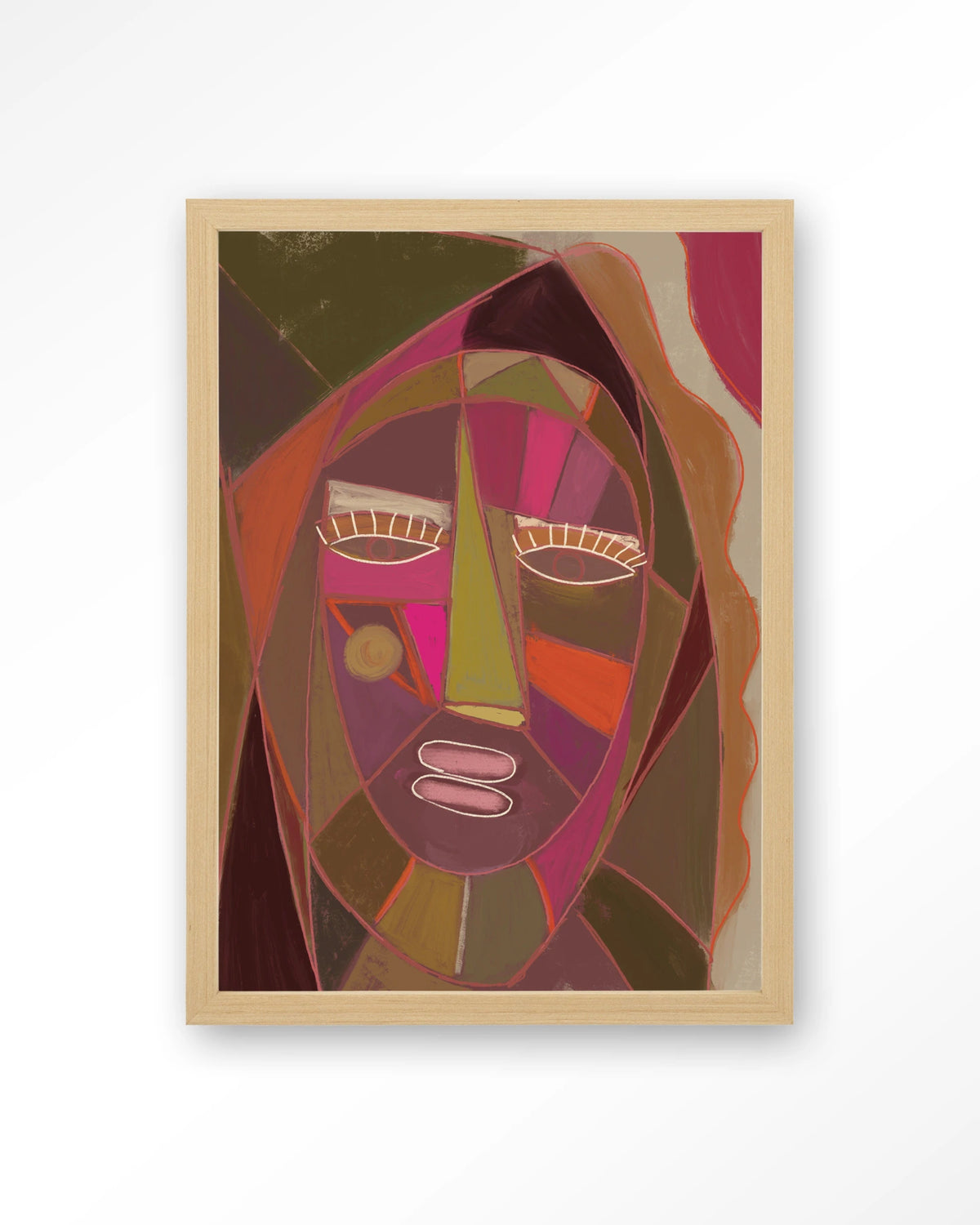 Quamatcha – abstract gezicht in kubistische stijl – Art print – Hout naturel