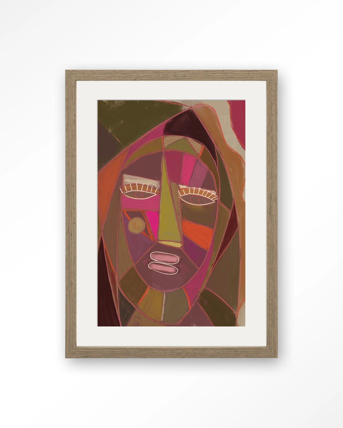 Quamatcha – abstract gezicht in kubistische stijl – Art print – Hout bruin + passe-partout