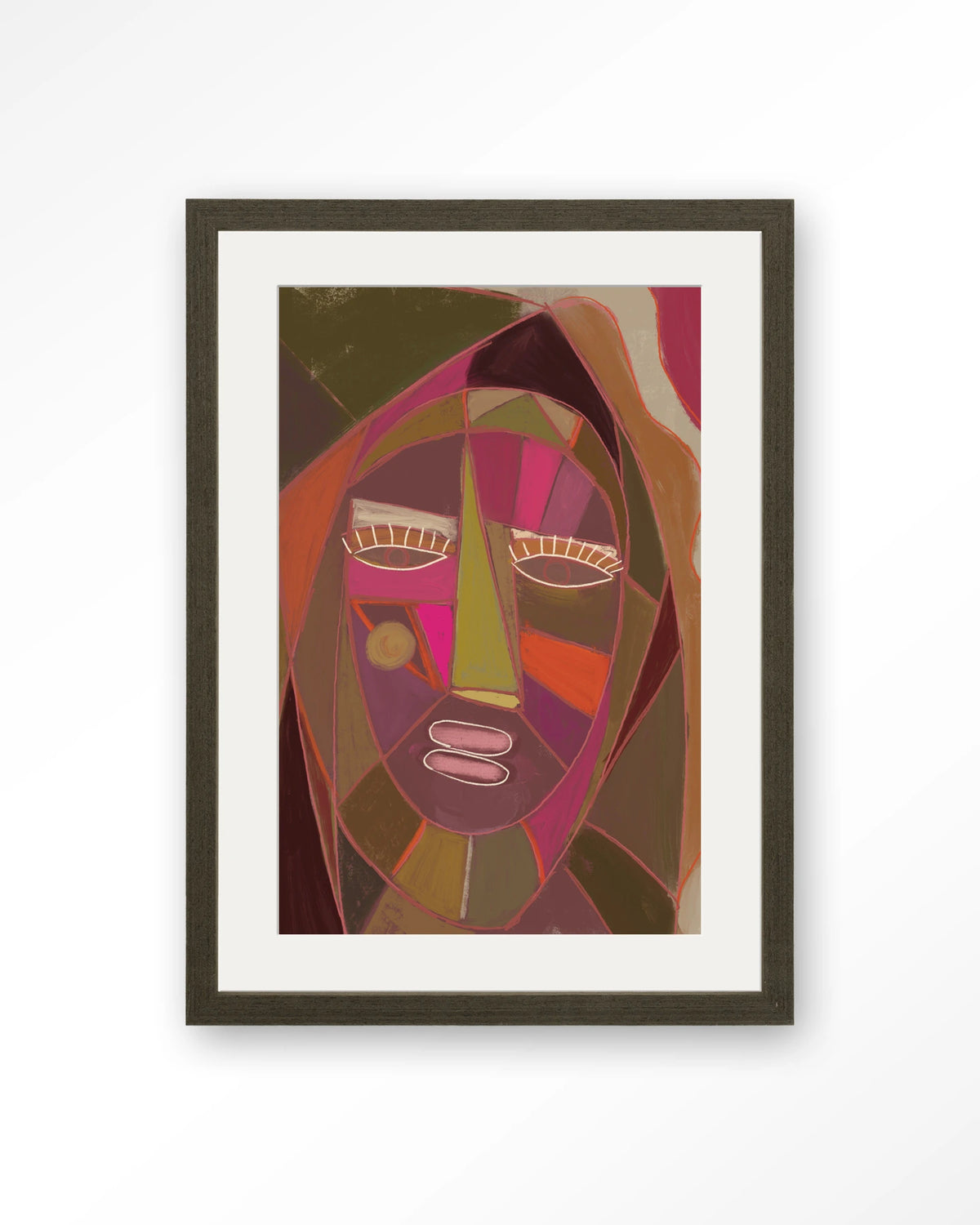 Quamatcha – abstract gezicht in kubistische stijl – Art print – Hout donkerbruin + passe-partout