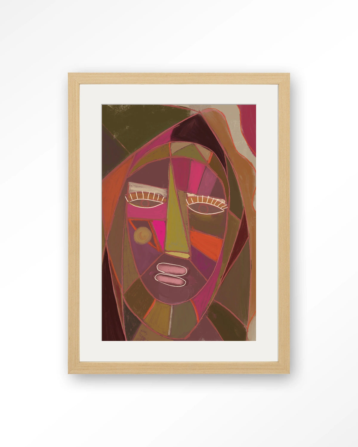 Quamatcha – abstract gezicht in kubistische stijl – Art print – Hout naturel + passe-partout