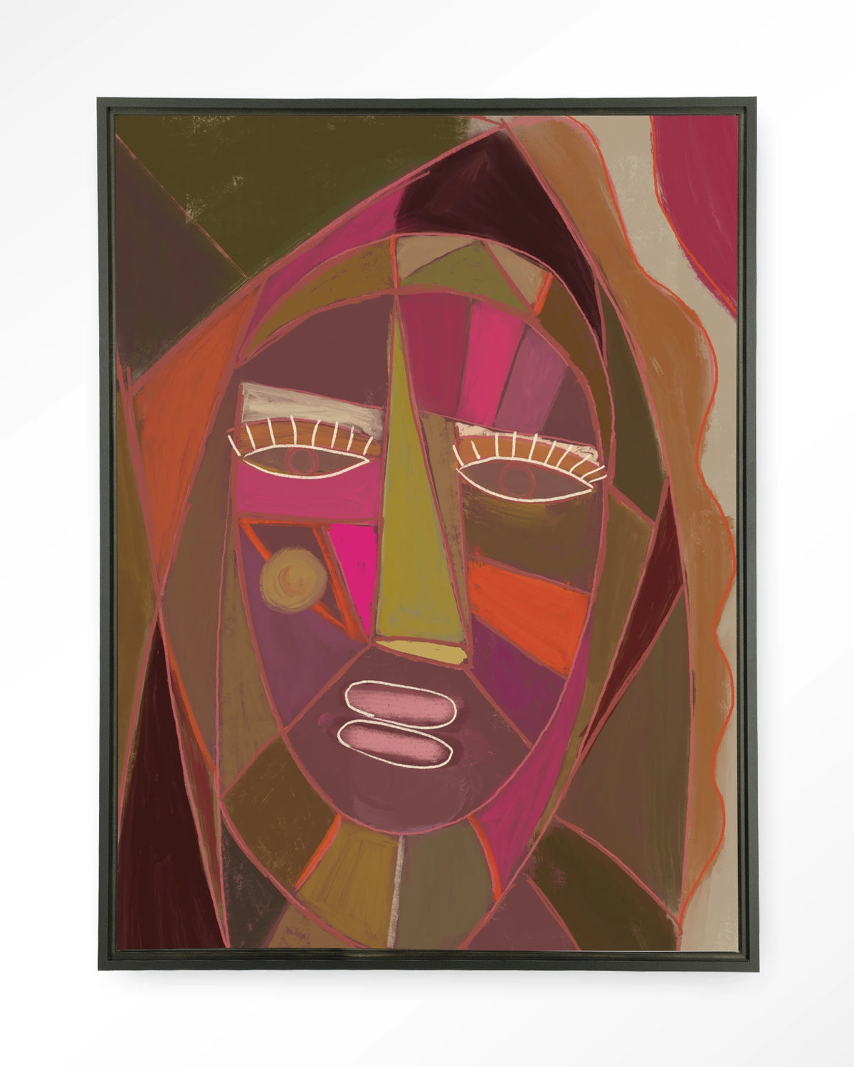 Quamatcha – abstract gezicht in kubistische stijl – Wandkleed – Floating frame – zwart