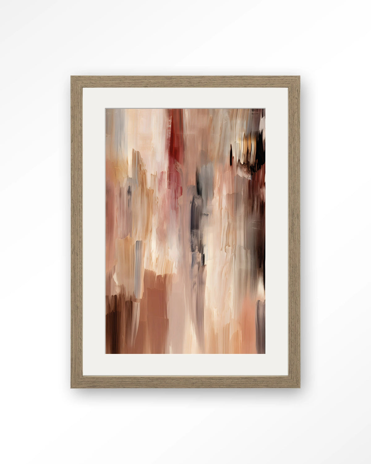 Monterosso – abstract in bruin en roze penseelstreken – Art print – Hout bruin + passe-partout