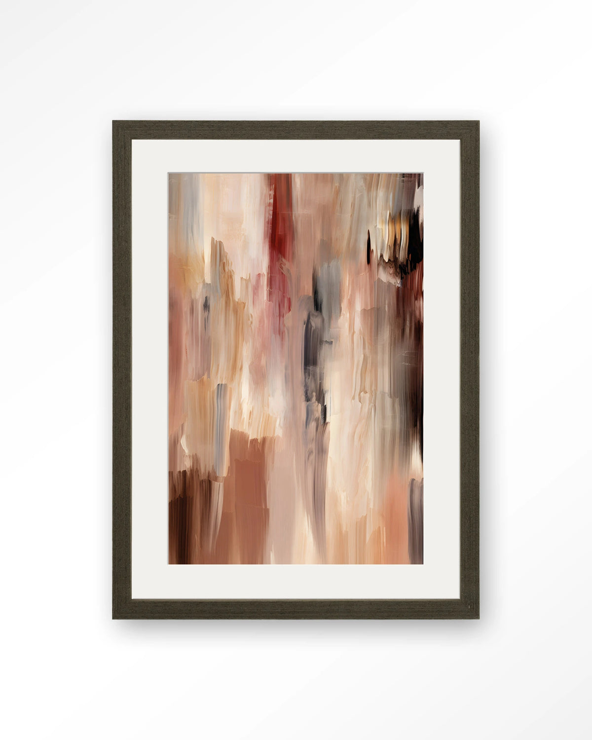 Monterosso – abstract in bruin en roze penseelstreken – Art print – Hout donkerbruin + passe-partout