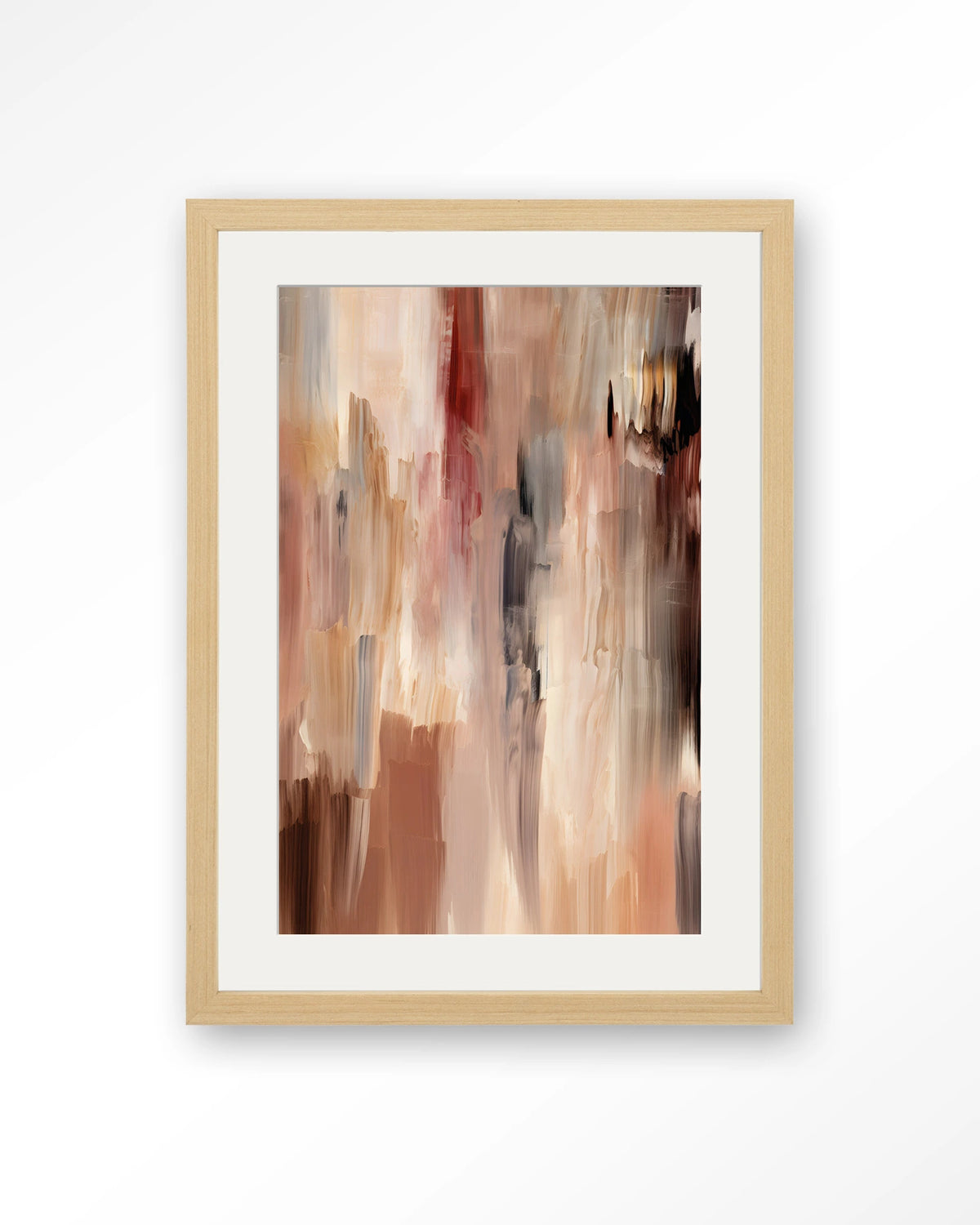 Monterosso – abstract in bruin en roze penseelstreken – Art print – Hout naturel + passe-partout