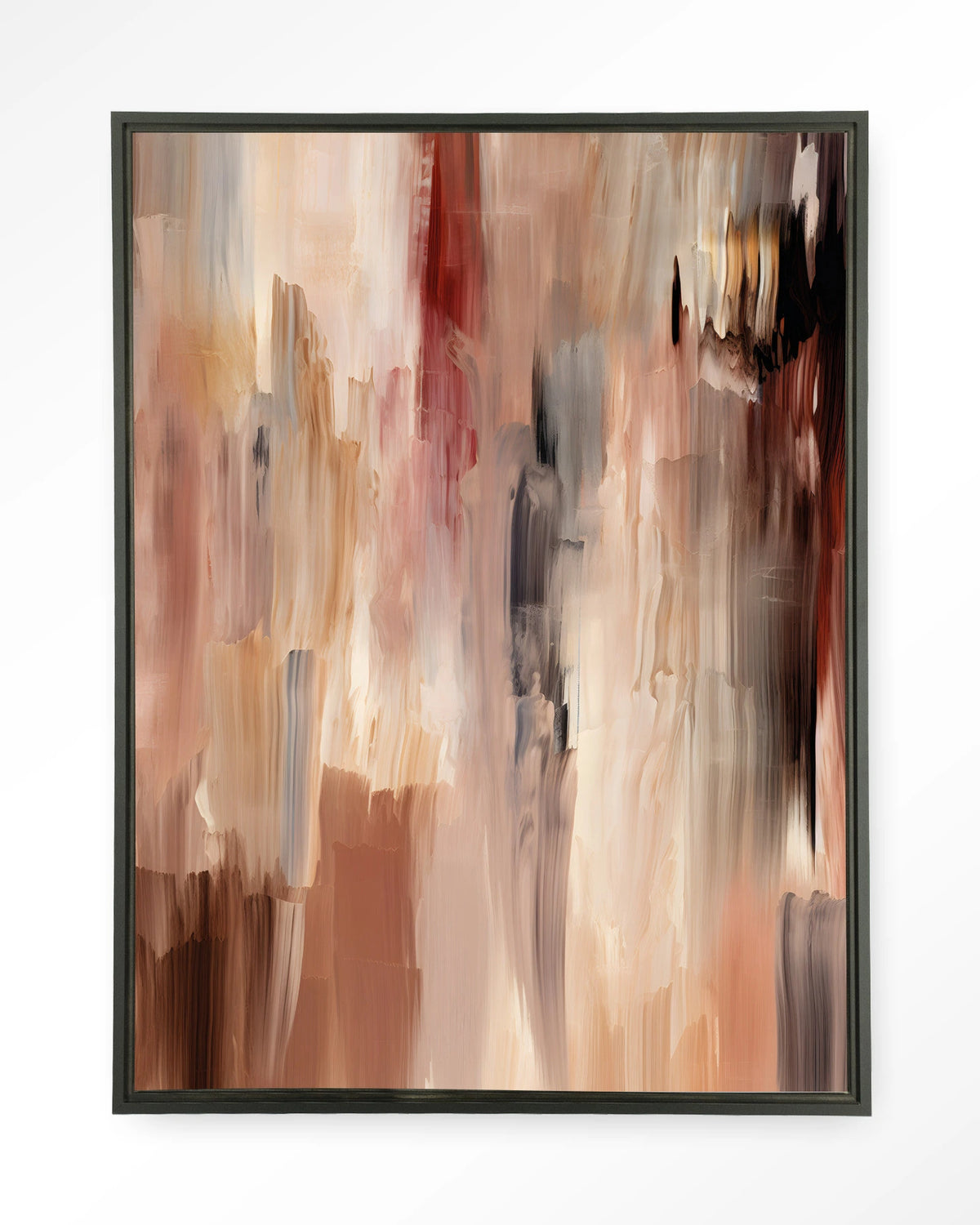 Monterosso – abstract in bruin en roze penseelstreken – Wandkleed – Floating frame – zwart