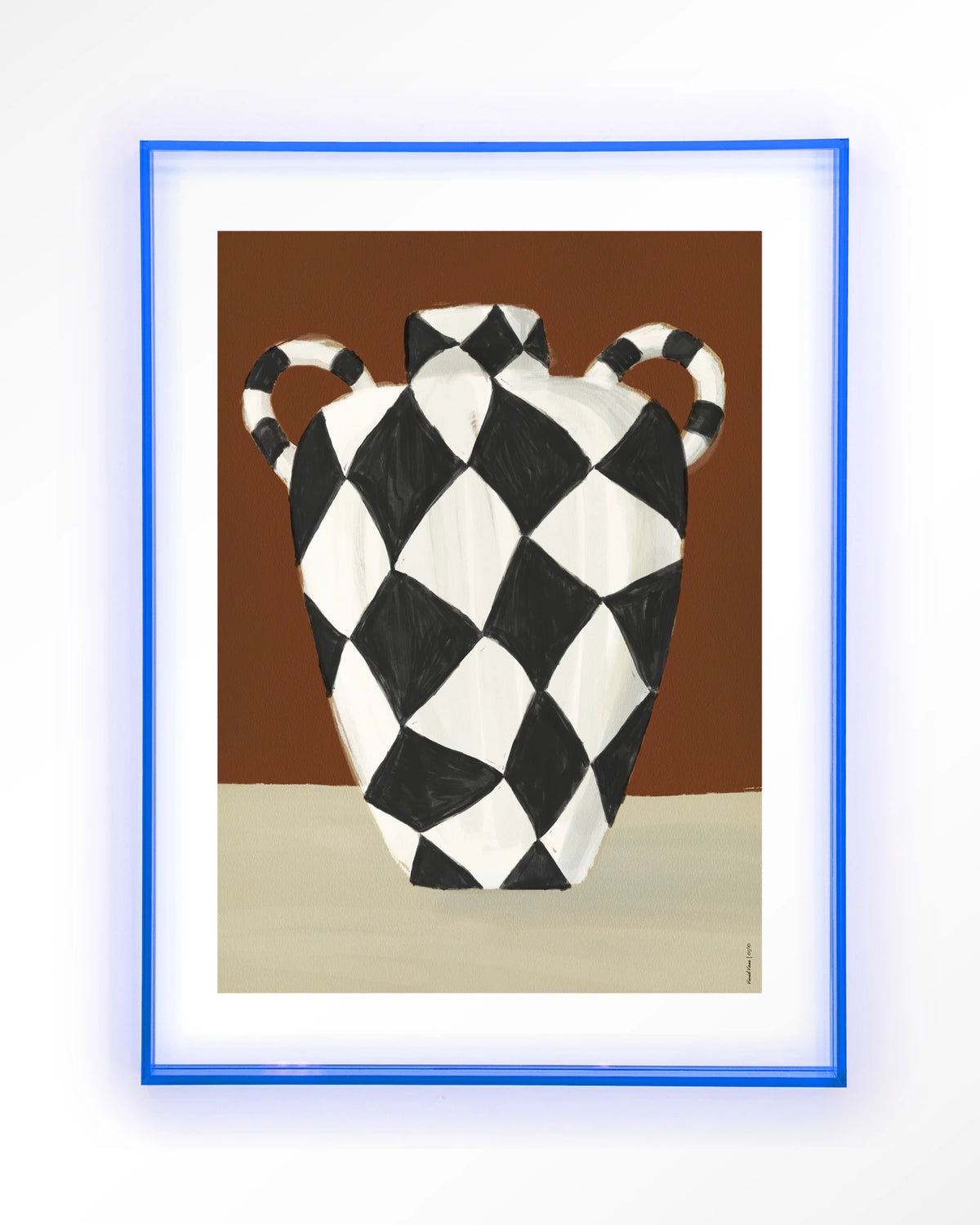 Vivid Vase 01 – zwart-witte geruite vaas – Art print – Acryl lichtblauw