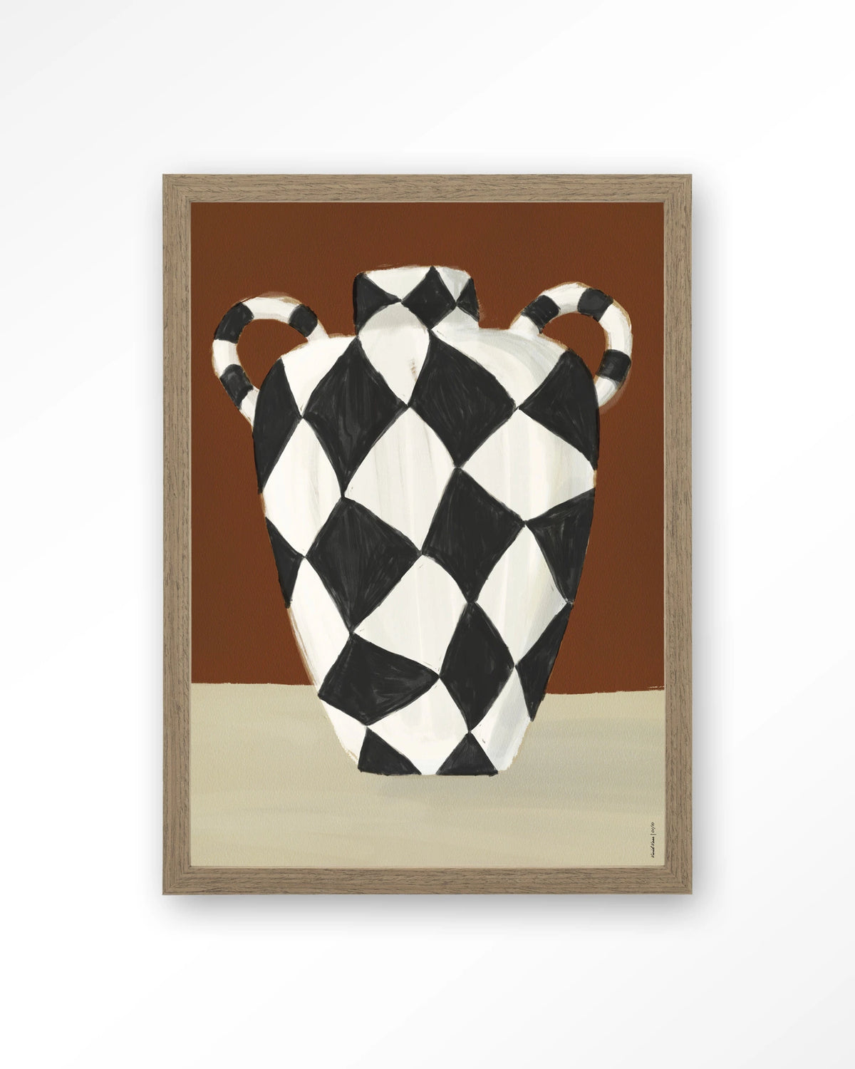 Vivid Vase 01 – zwart-witte geruite vaas – Art print – Hout bruin