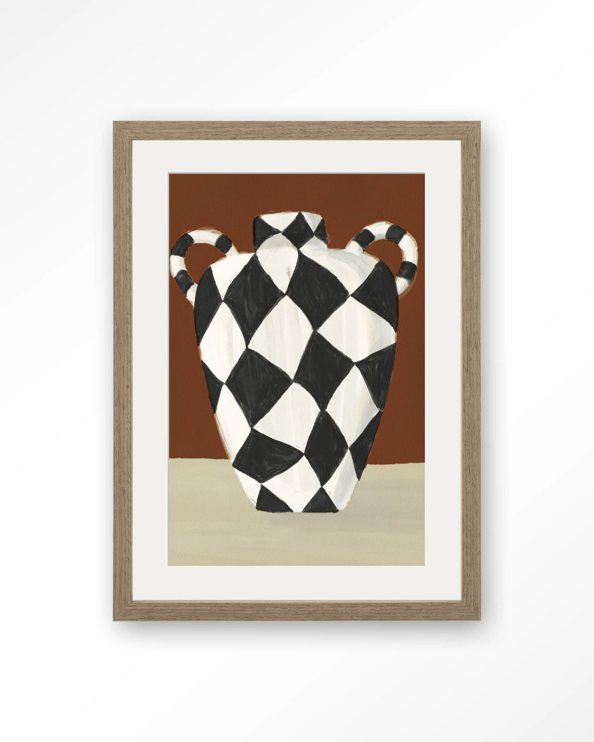 Vivid Vase 01 – zwart-witte geruite vaas – Art print – Hout bruin + passe-partout