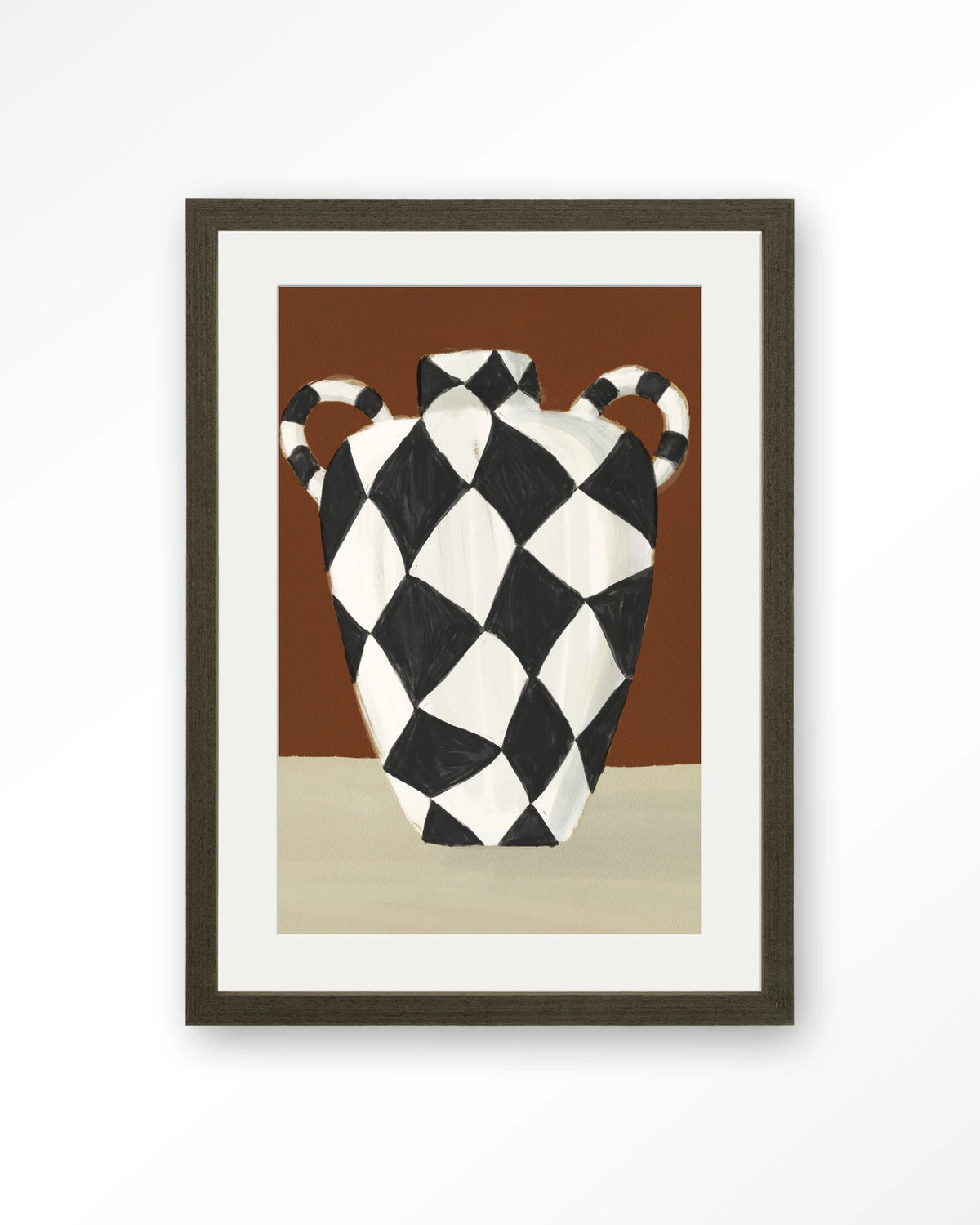 Vivid Vase 01 – zwart-witte geruite vaas – Art print – Hout donkerbruin + passe-partout