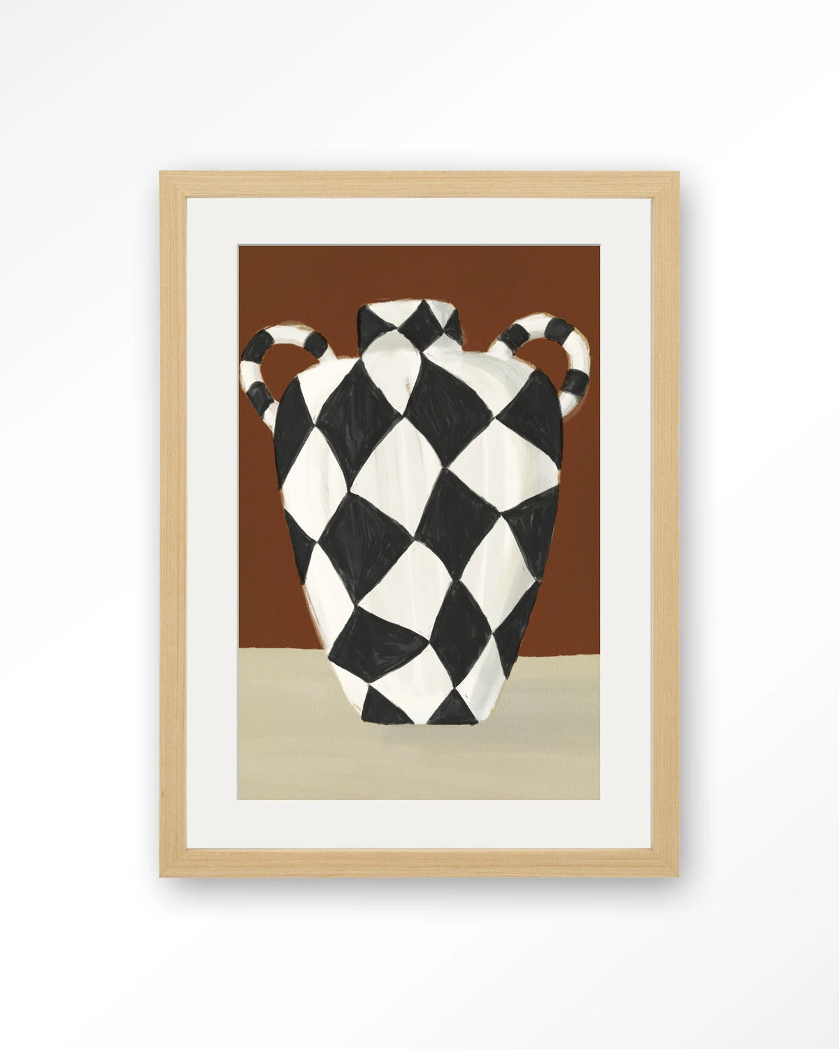 Vivid Vase 01 – zwart-witte geruite vaas – Art print – Hout naturel + passe-partout