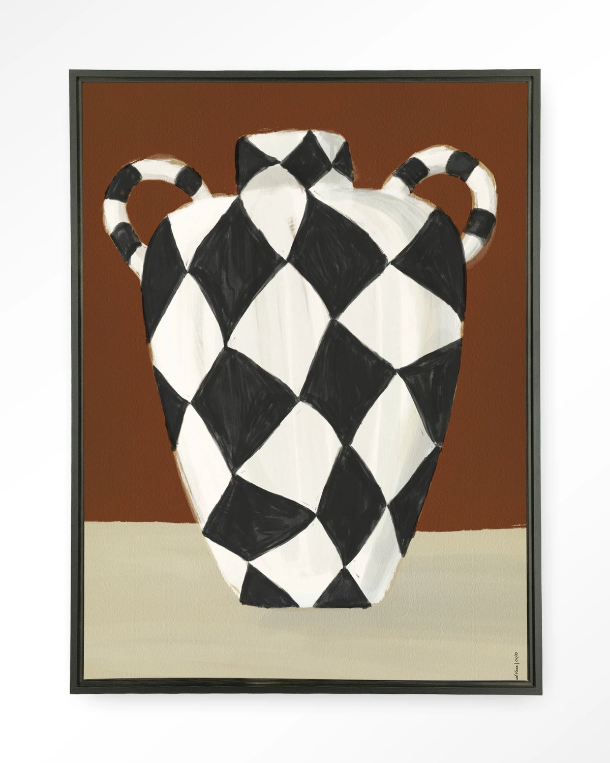 Vivid Vase 01 – zwart-witte geruite vaas – Wandkleed – Floating frame – zwart