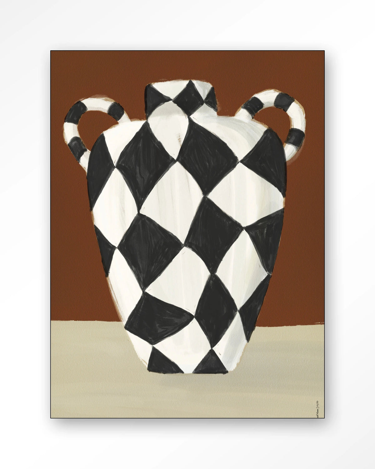Vivid Vase 01 – zwart-witte geruite vaas – Wandkleed – Frame – zwart