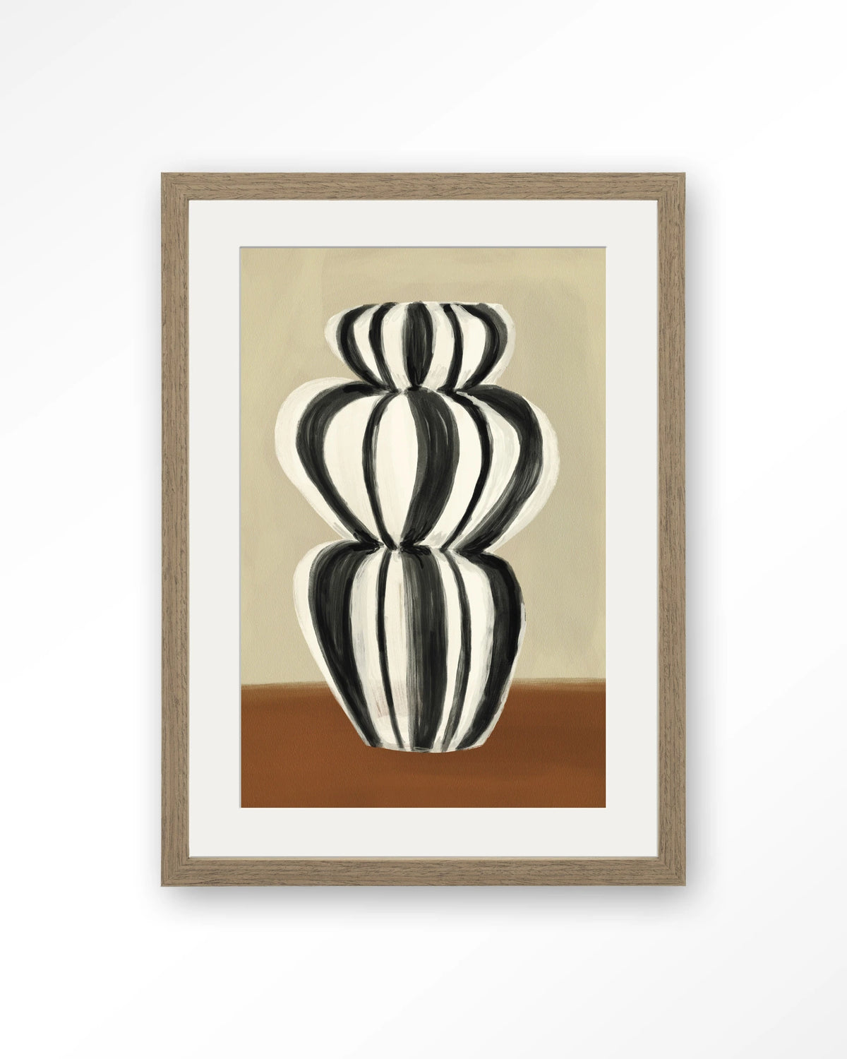 Vivid Vase 03 – zwart-witte gestreepte vaas – Art print – Hout bruin + passe-partout