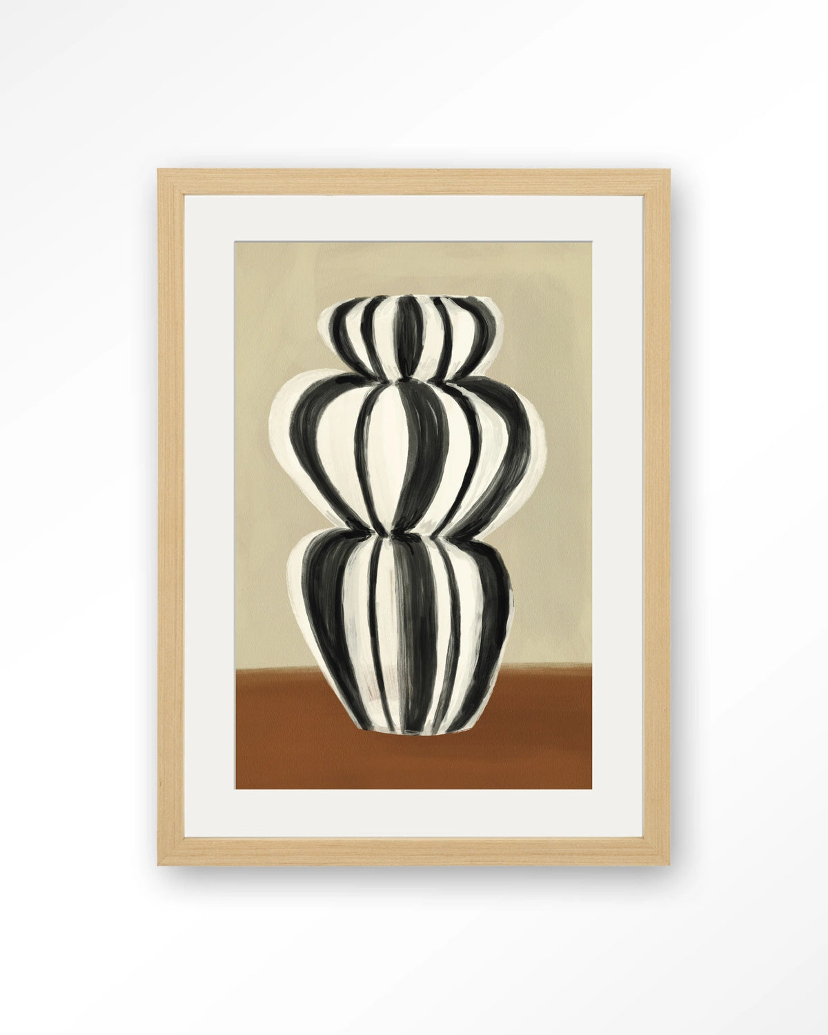 Vivid Vase 03 – zwart-witte gestreepte vaas – Art print – Hout naturel + passe-partout