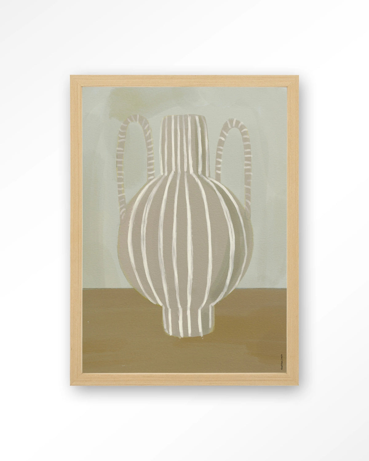 Vivid Vase 04 – gestreepte vaas in groen en beige – Art print – Hout naturel