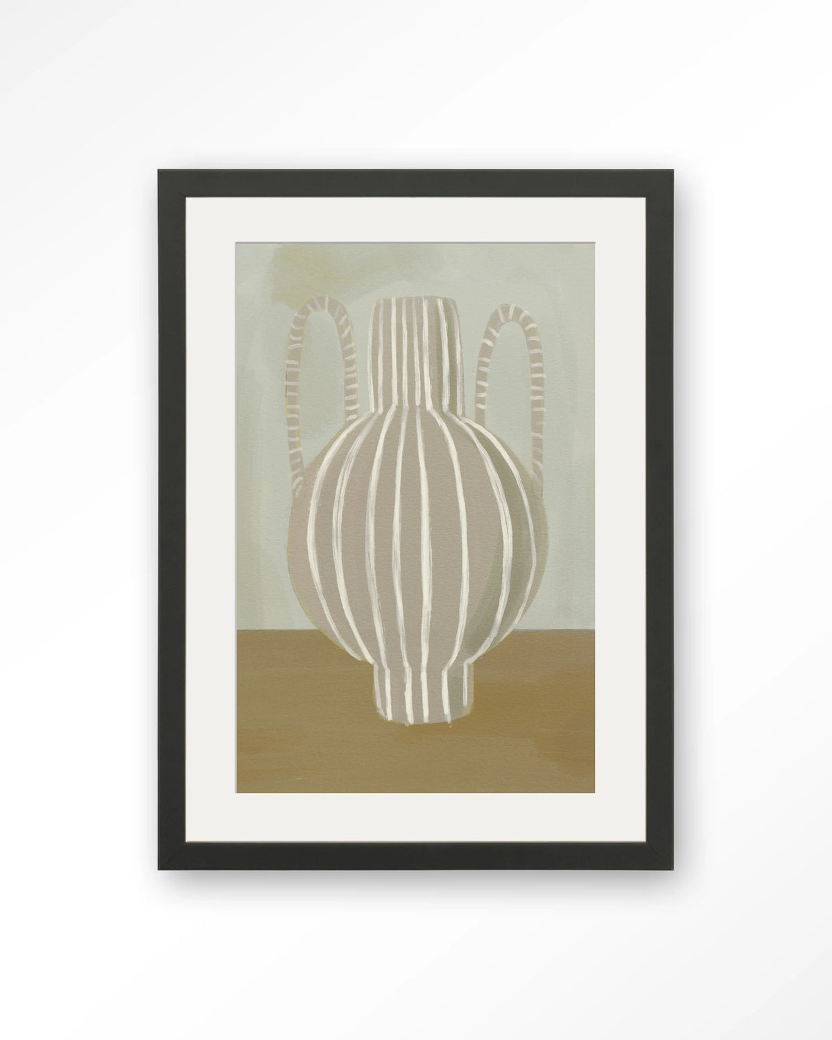 Vivid Vase 04 – gestreepte vaas in groen en beige – Art print – Hout zwart + passe-partout