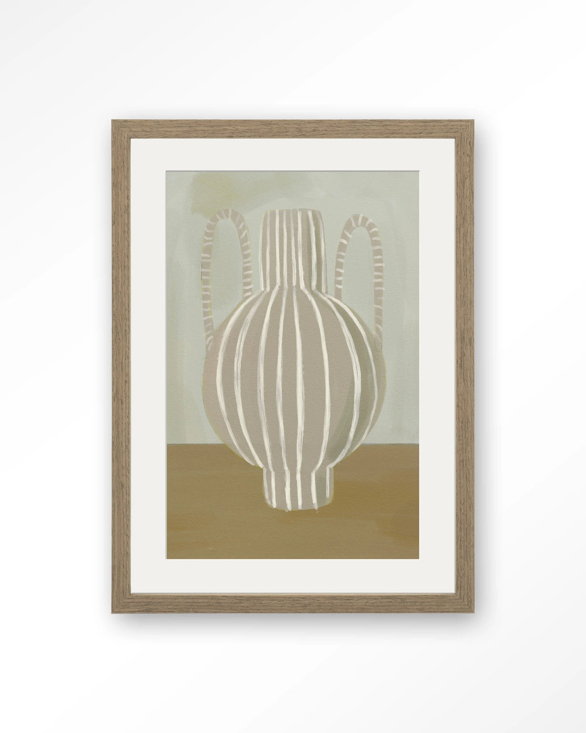 Vivid Vase 04 – gestreepte vaas in groen en beige – Art print – Hout bruin + passe-partout