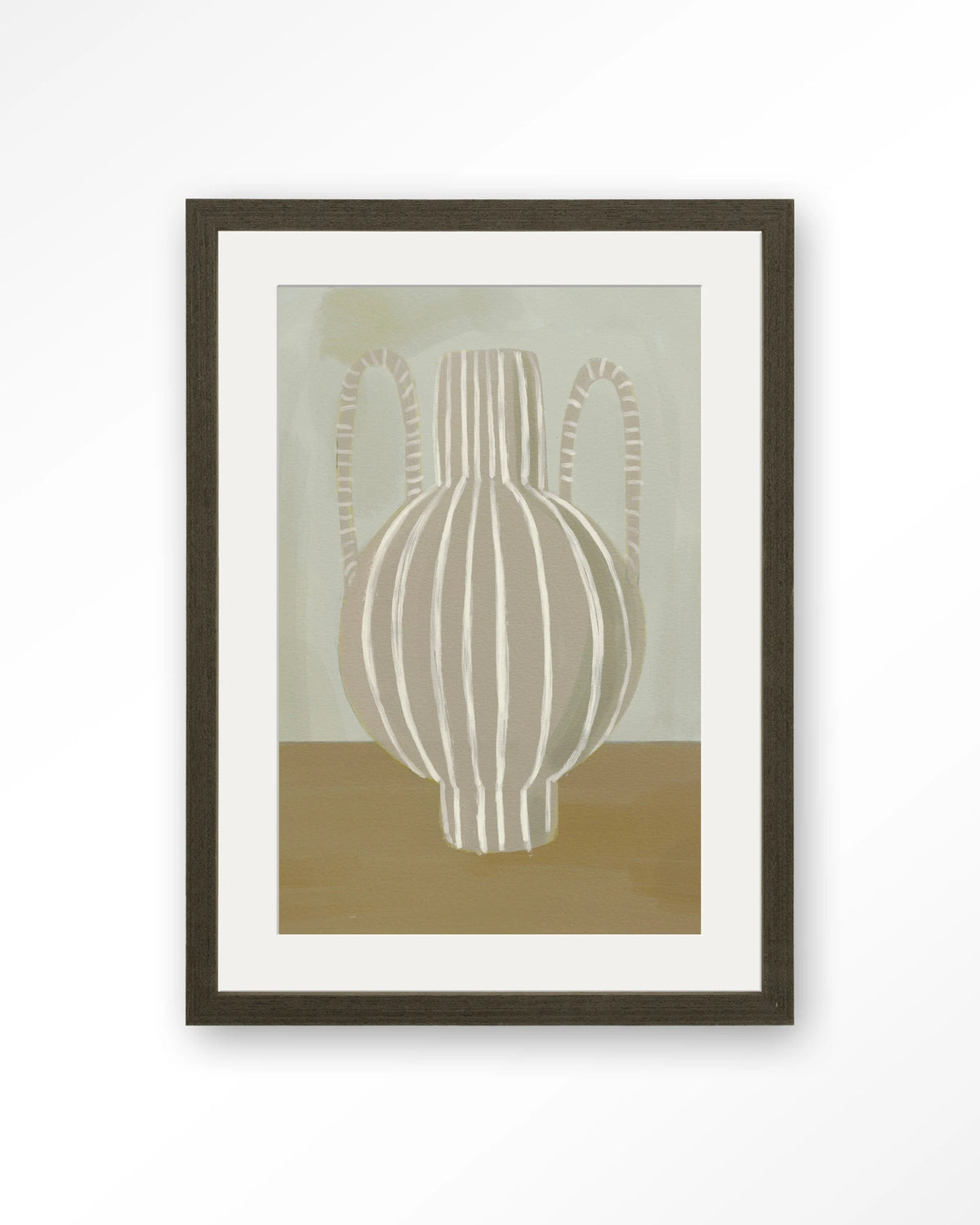 Vivid Vase 04 – gestreepte vaas in groen en beige – Art print – Hout donkerbruin + passe-partout