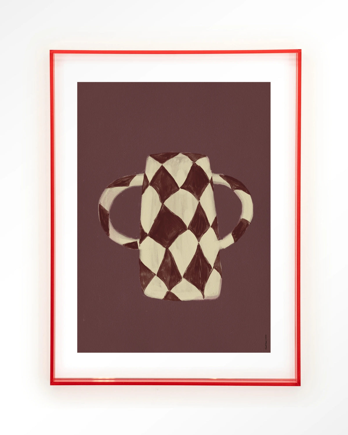 Vivid Vase 07 – bordeaux geruite vaas – Art print – Acryl roze